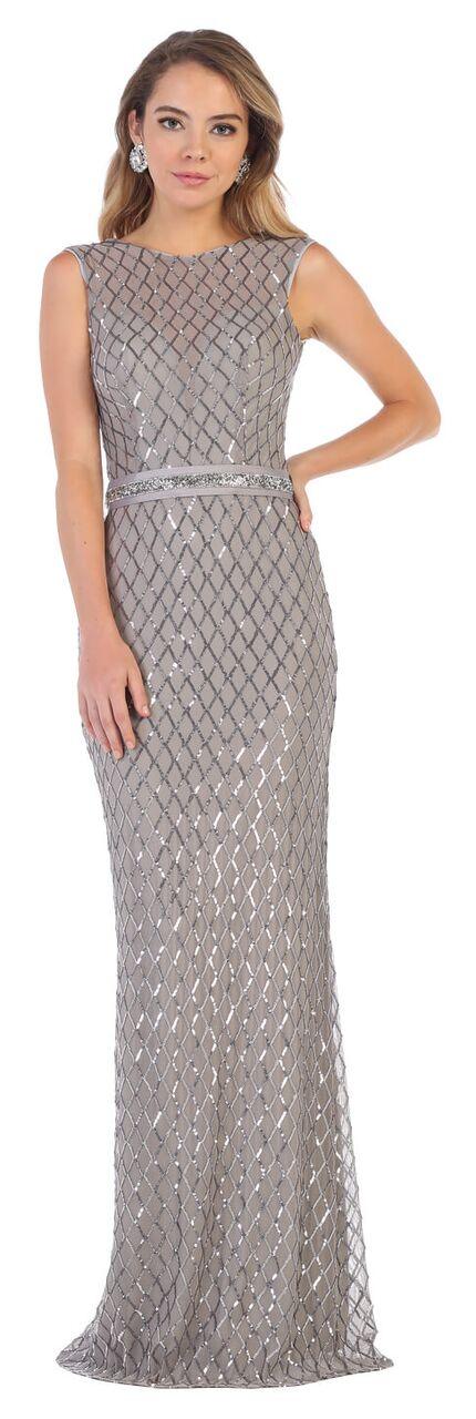 Long Beaded Prom Dress with Sequined Belt - The Dress Outlet May Queen
