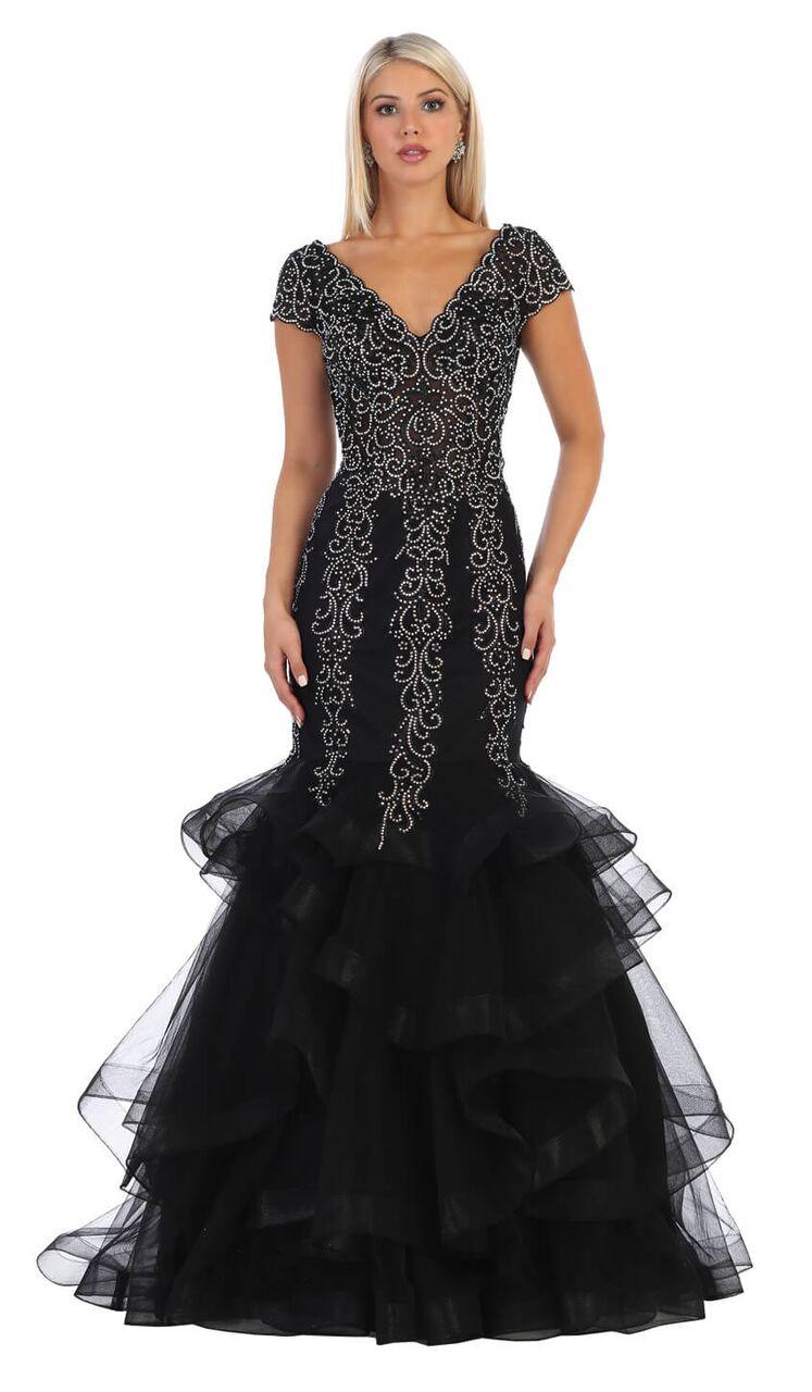 Long Cap Sleeve Embellished Mermaid Formal Gown - The Dress Outlet May Queen