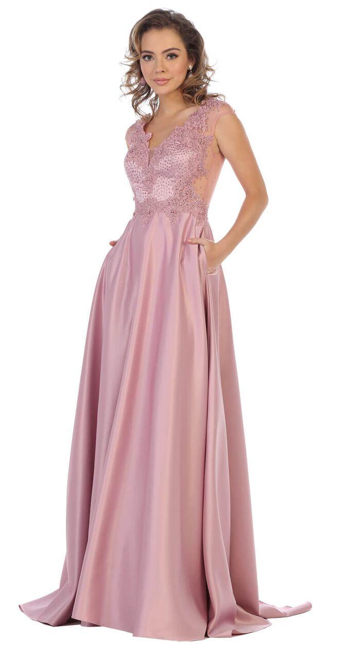 Long Cap Sleeve Prom Dress Ball Gown with Pockets - The Dress Outlet May Queen