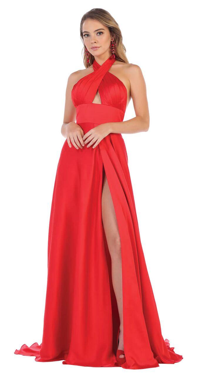 Long Evening Halter Satin Skirt Prom Dress - The Dress Outlet May Queen