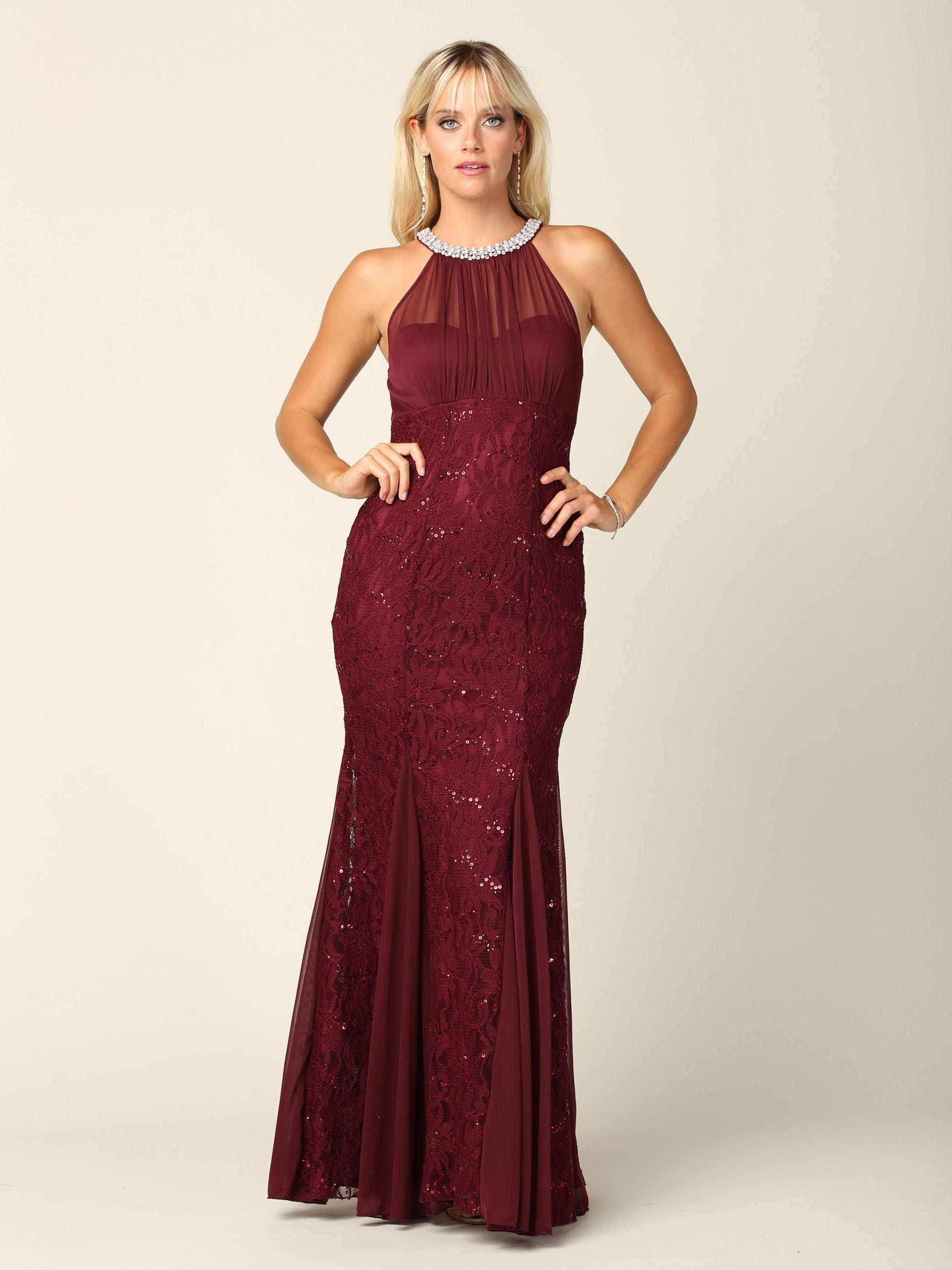 Black Long Fitted Formal Halter Lace Chiffon Dress