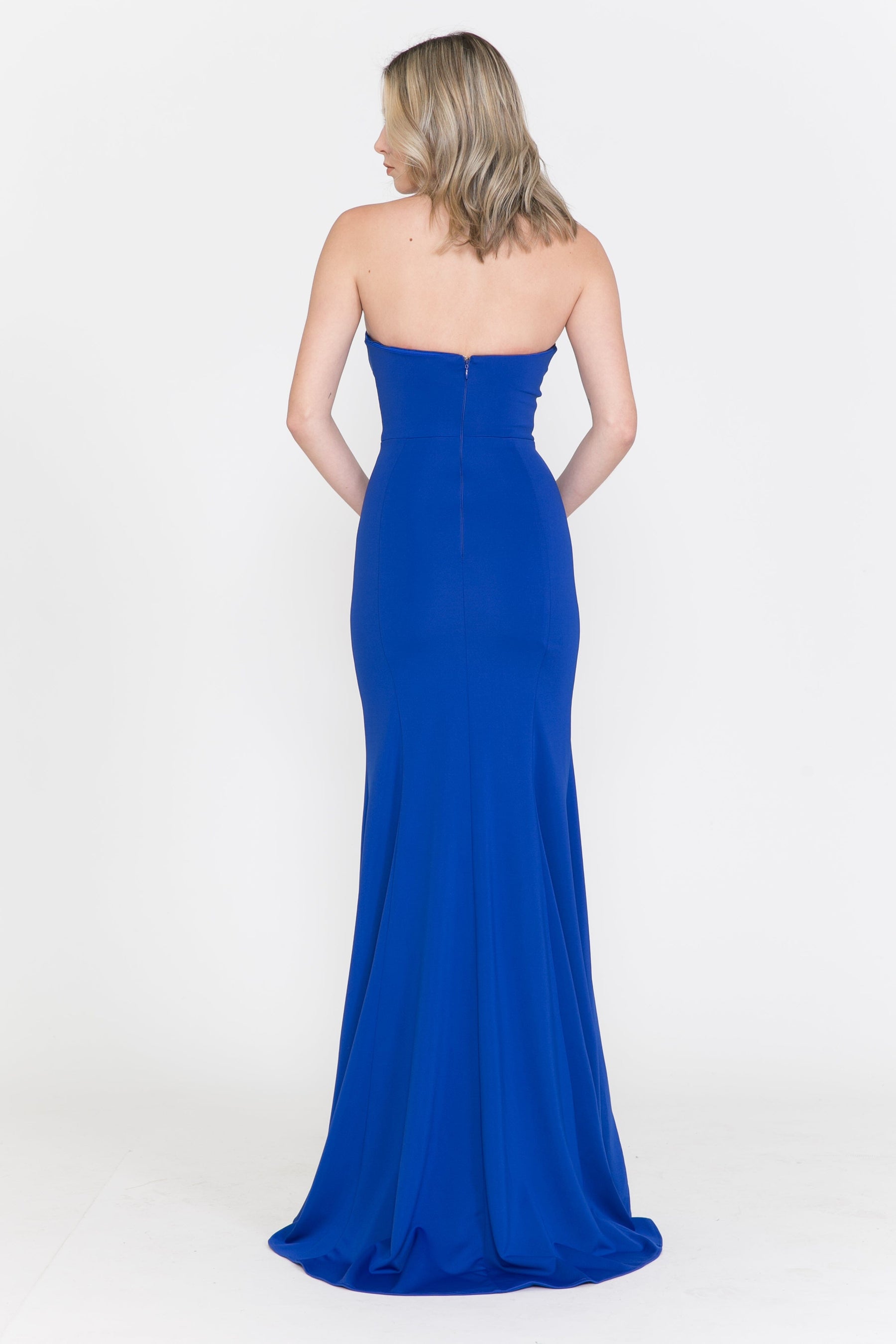 Royal Blue Strapless Floor-Length Scuba Prom Dress with Illusion V-Plunge and Mermaid Silhouette Poly USA 8488
