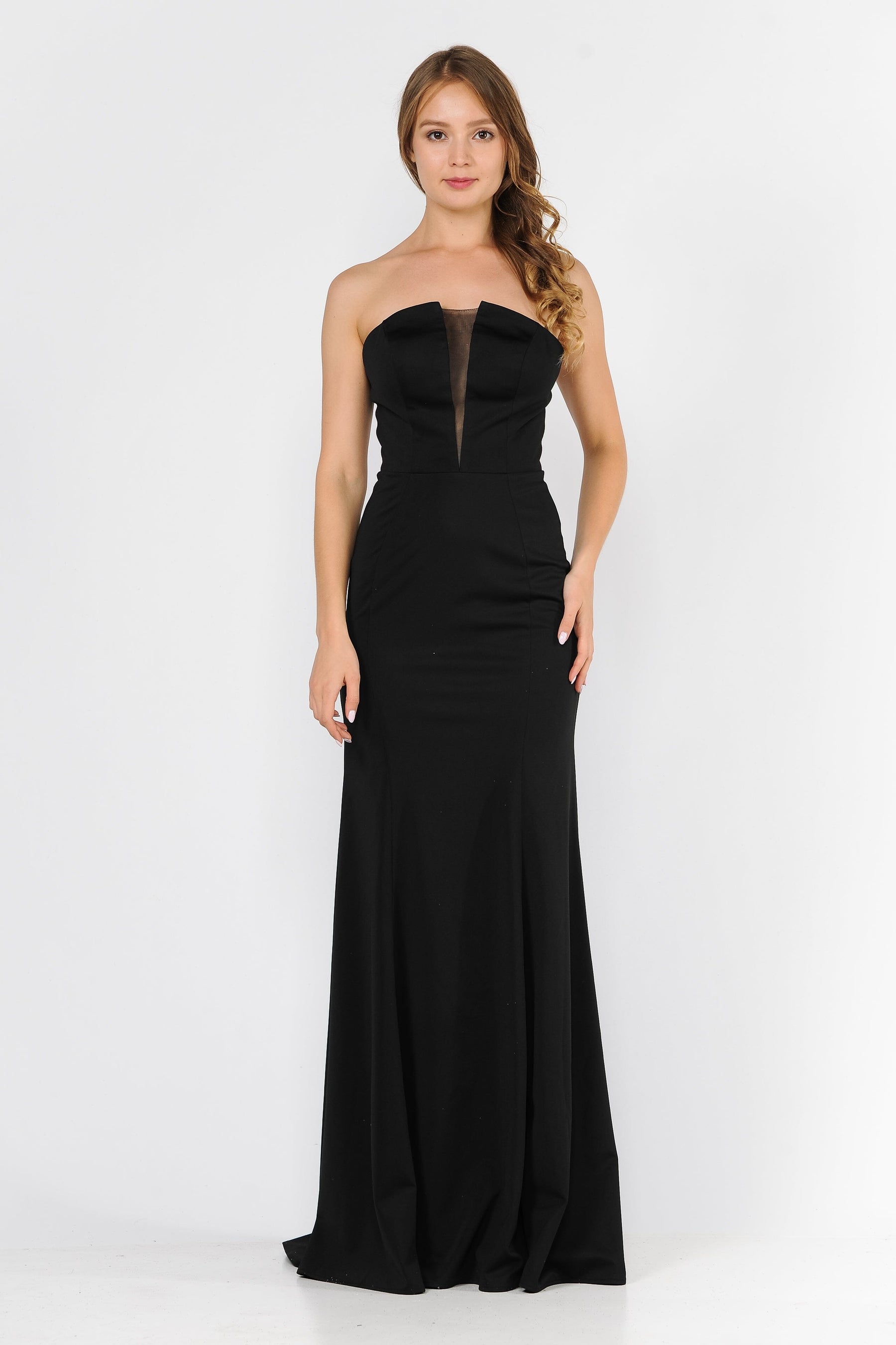 Black Strapless Floor-Length Scuba Prom Dress with Illusion V-Plunge and Mermaid Silhouette Poly USA 8488