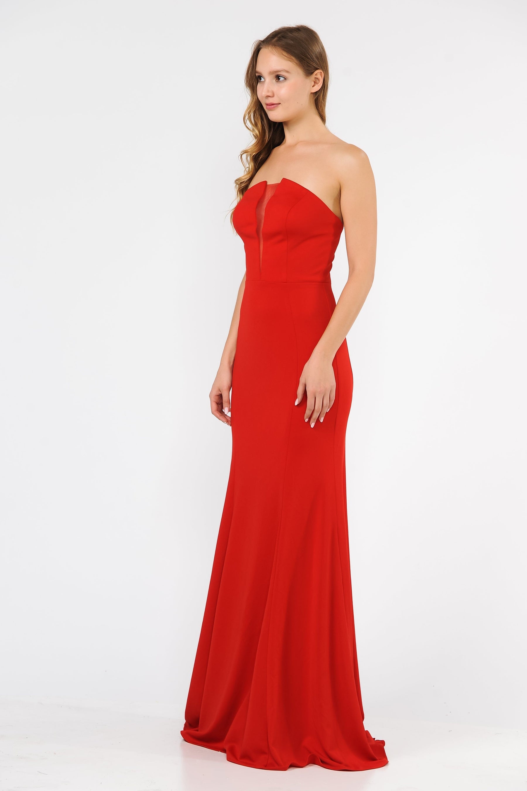 Red Strapless Floor-Length Scuba Prom Dress with Illusion V-Plunge and Mermaid Silhouette Poly USA 8488