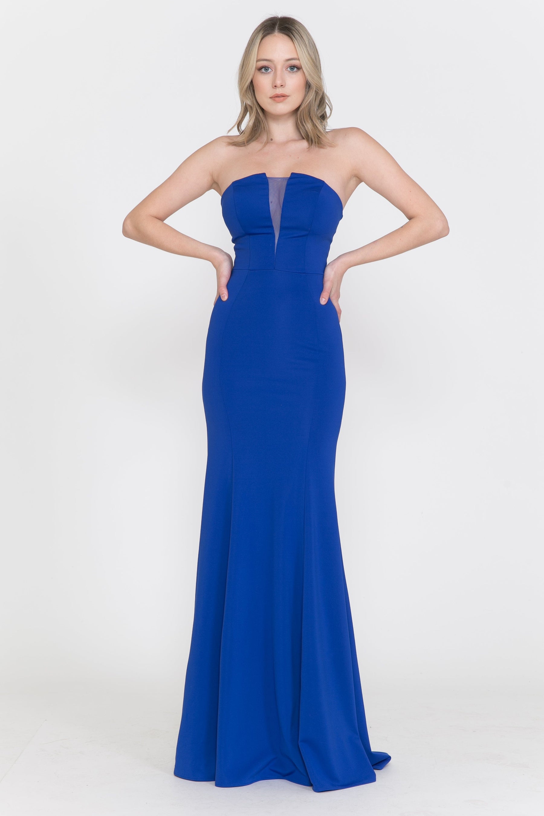 Royal Blue Strapless Floor-Length Scuba Prom Dress with Illusion V-Plunge and Mermaid Silhouette Poly USA 8488