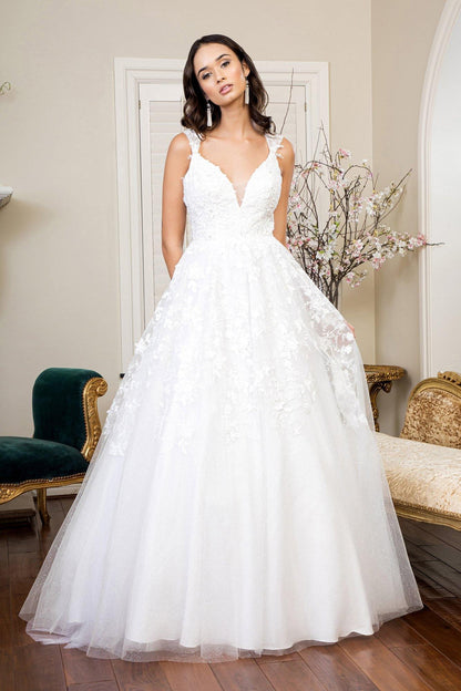 Long Floral Cap Sleeve Glitter Mesh Wedding Gown - The Dress Outlet