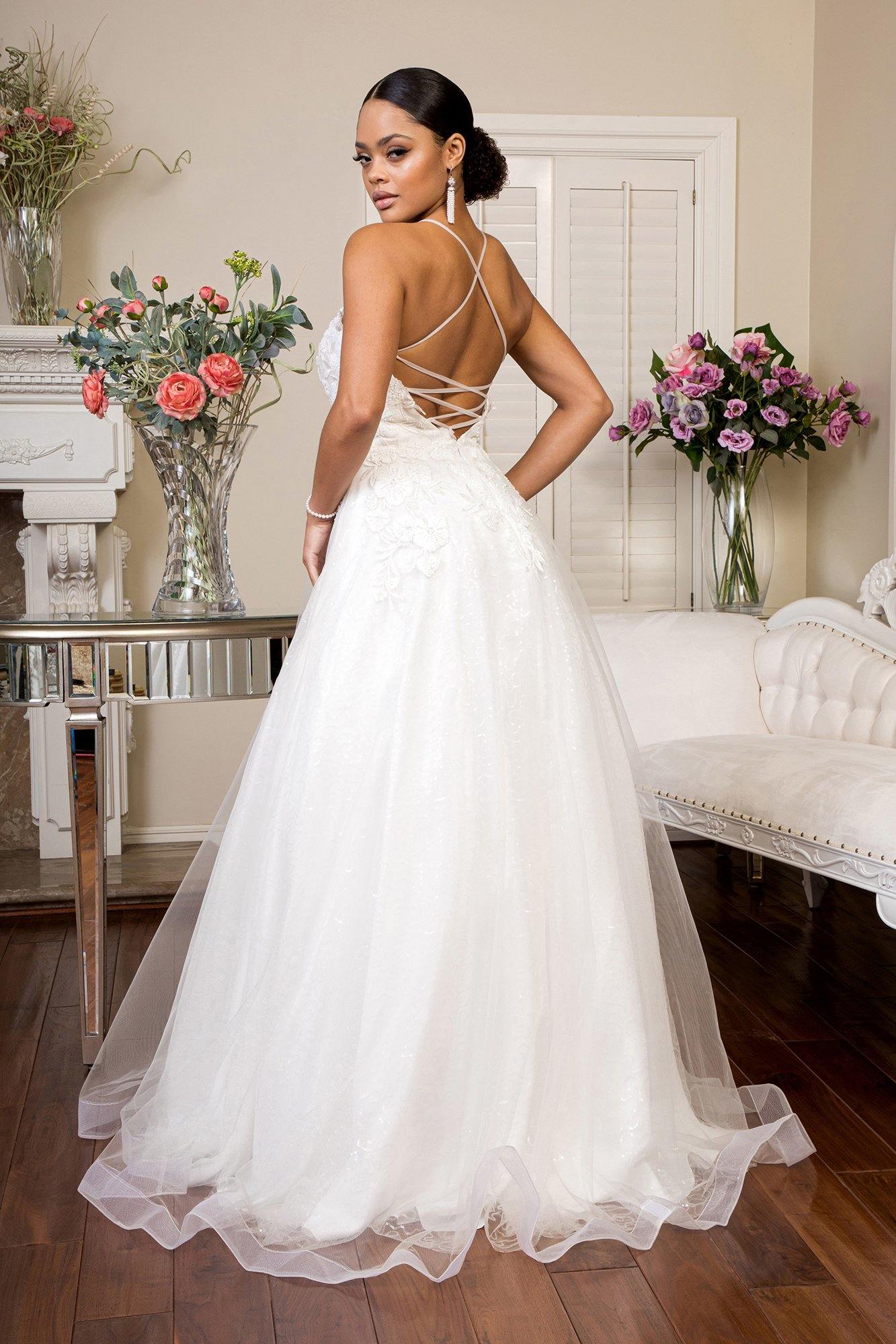 Long Floral Spaghetti Strap Sequins Mesh Wedding Gown - The Dress Outlet
