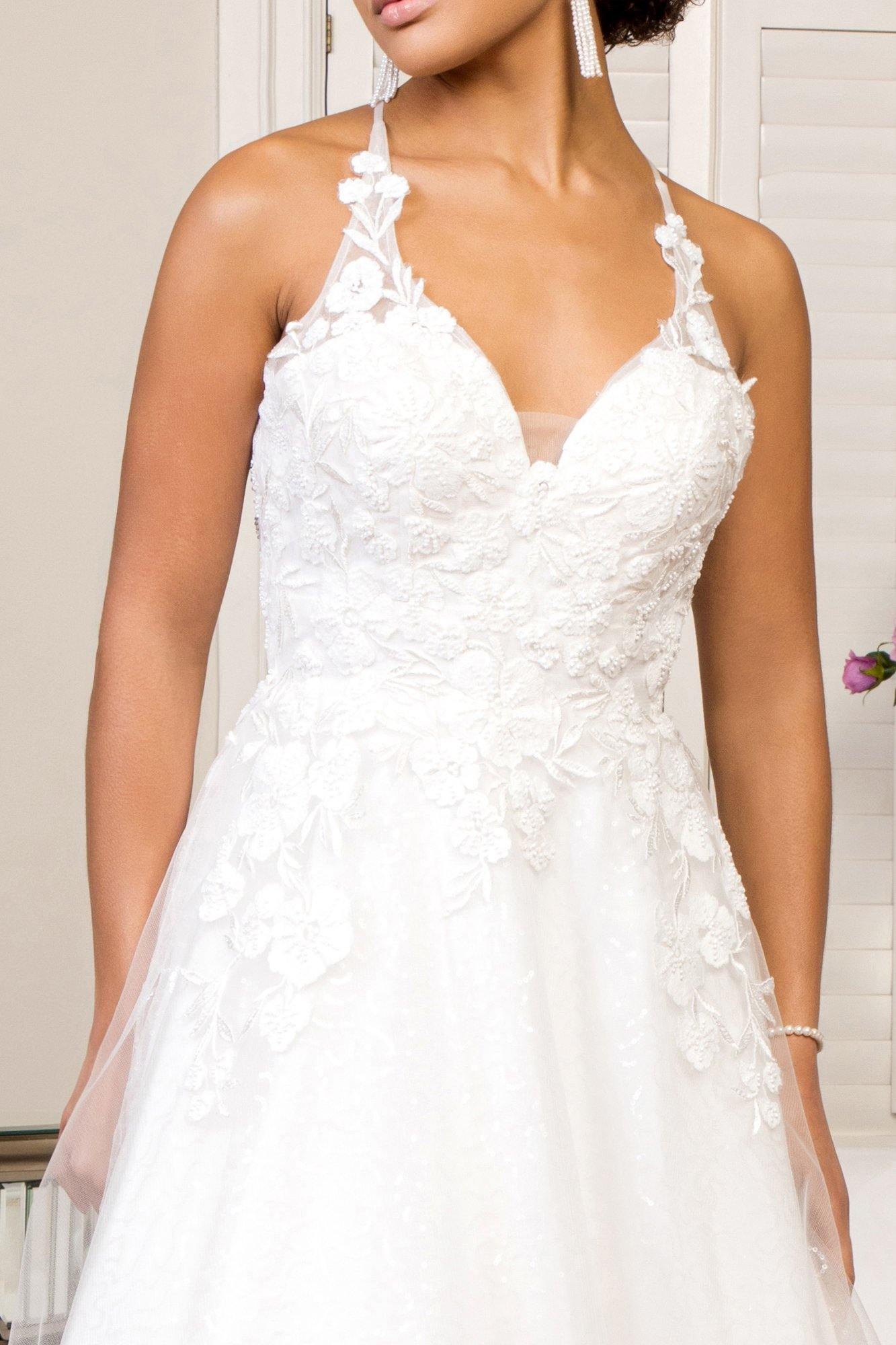 Long Floral Spaghetti Strap Sequins Mesh Wedding Gown - The Dress Outlet