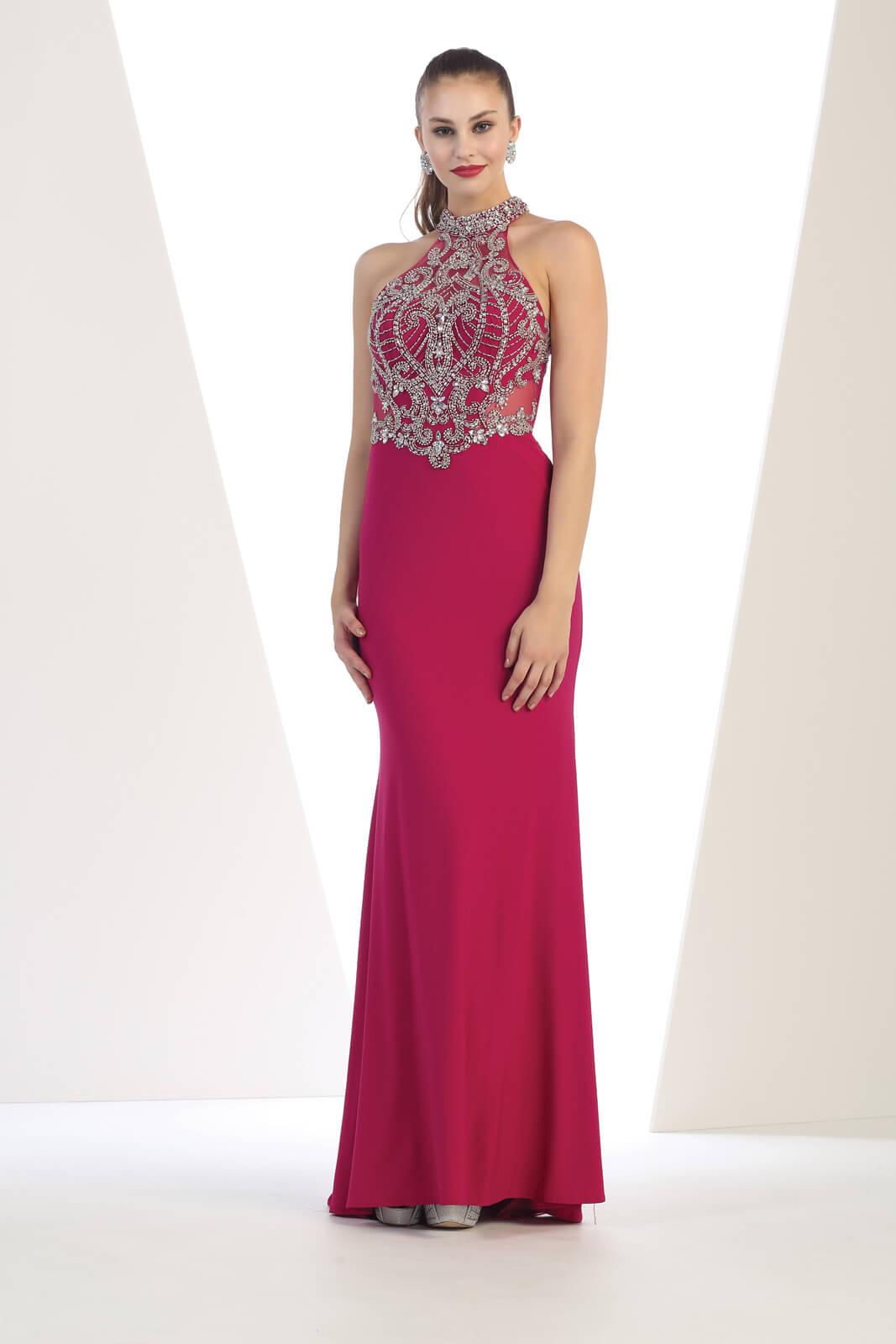 Long Formal Beaded Halter Evening Prom Long Dress - The Dress Outlet May Queen
