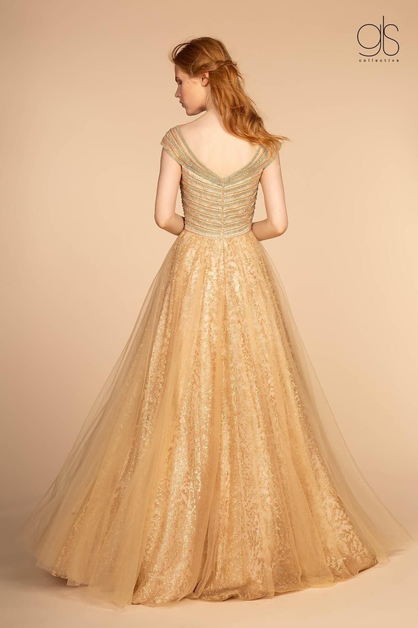 Long Formal Cap Sleeve Glitter Print Skirt Prom Dress - The Dress Outlet Elizabeth K