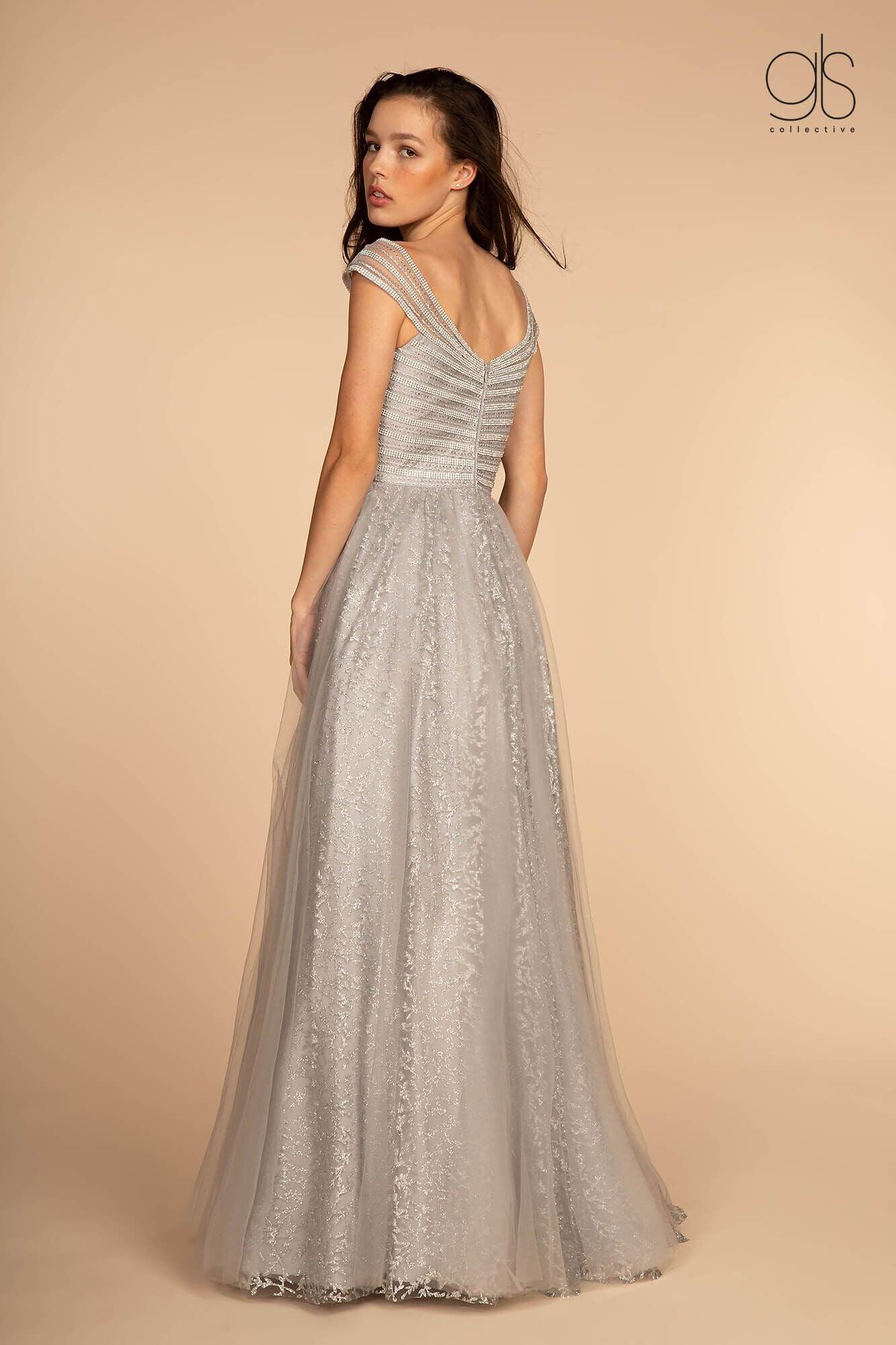 Long Formal Cap Sleeve Glitter Print Skirt Prom Dress - The Dress Outlet Elizabeth K