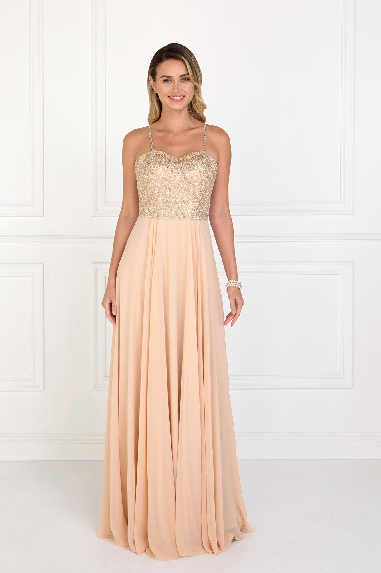 Prom Ross Gowns GLS Long Formal Chiffon Spaghetti Strap Prom Dress Champagne Sweetheart Neckline With Gold Embroidery Prom Ross Gowns GLS Long Formal Chiffon Spaghetti Strap Prom Dress Champagne Sweetheart Neckline With Gold Embroidery