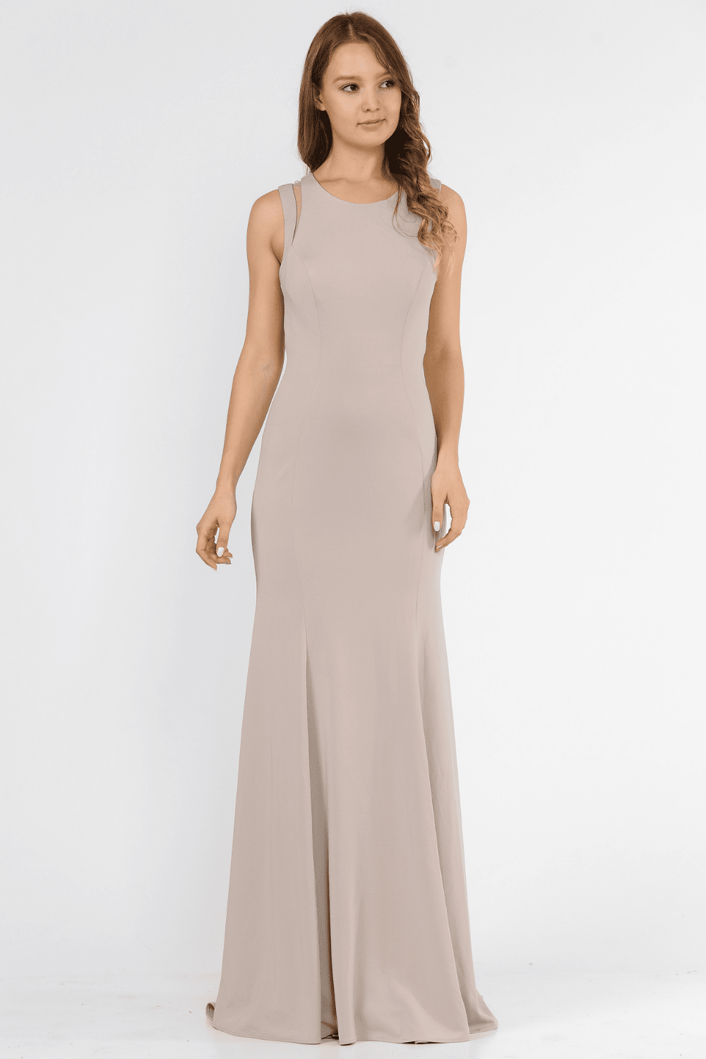 Mocha Crew-Neck Floor-Length Scuba Prom Dress with Criss-Cross Strappy Back Poly USA 8232
