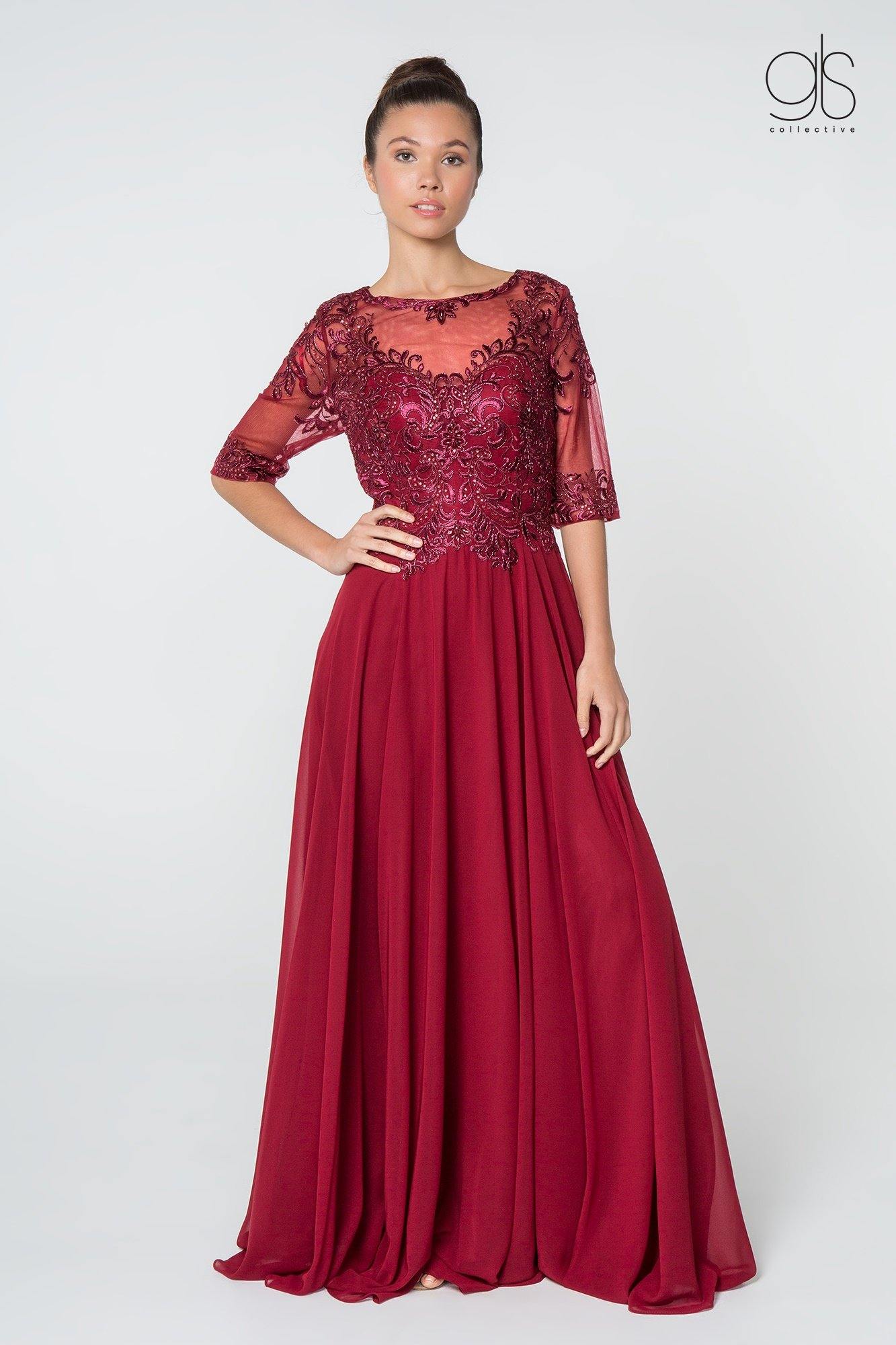 Long Formal Embroidered Mother of the Bride Chiffon Gown - The Dress Outlet Elizabeth K
