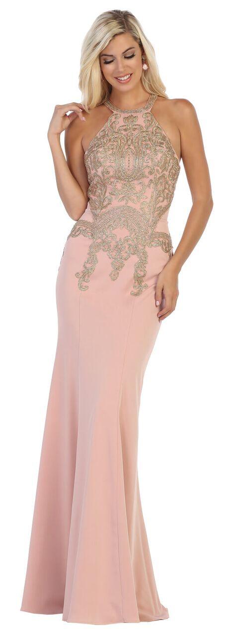 Long Formal Lace Applique Halter Prom Dress - The Dress Outlet May Queen