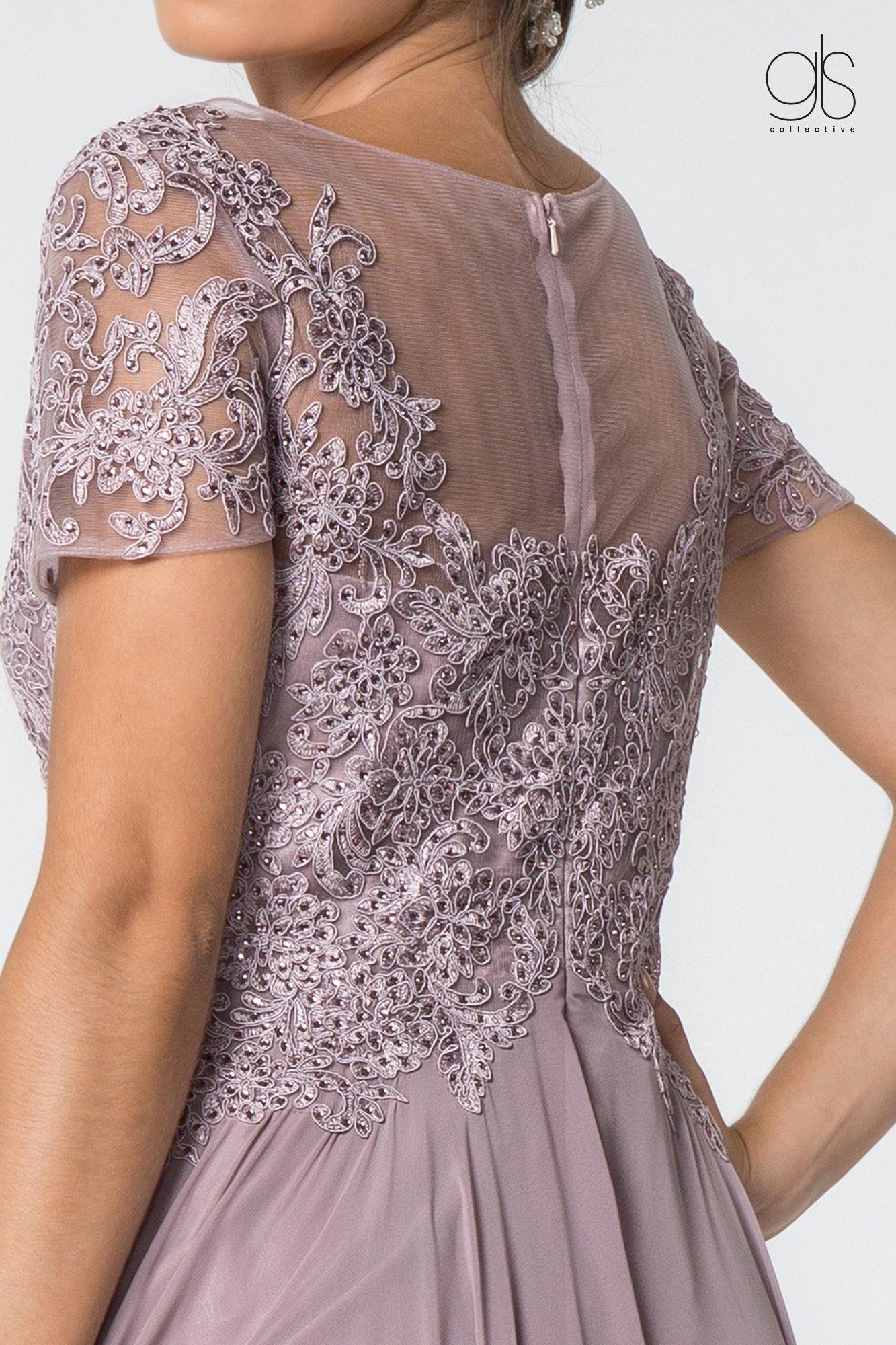 Long Formal Mother of Bride Short Sleeve Chiffon Dress - The Dress Outlet Elizabeth K