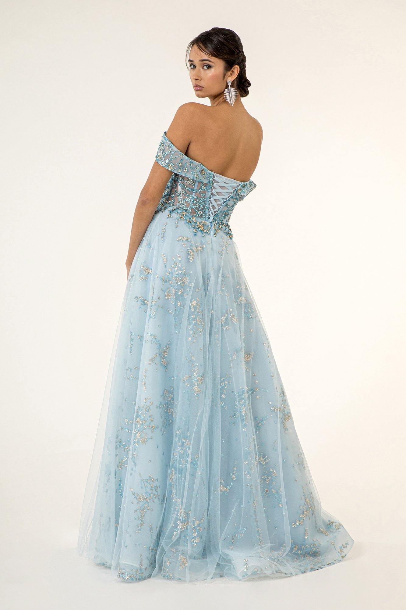 Long Formal Off Shoulder Glitter Evening Prom Dress - The Dress Outlet