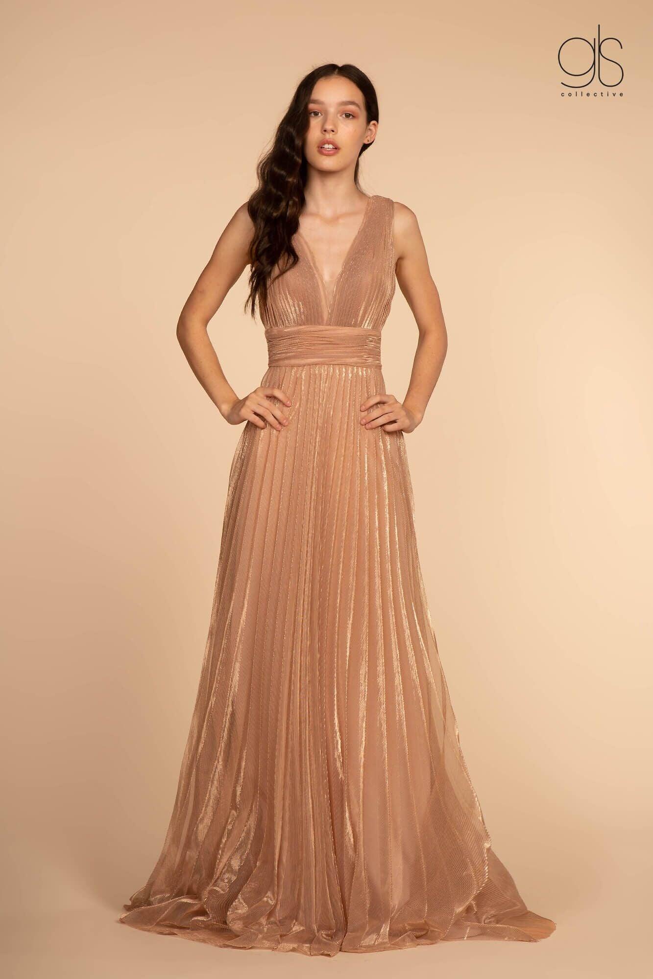 Rose Gold Long Formal Sleeveless Empire Waist Prom Dress