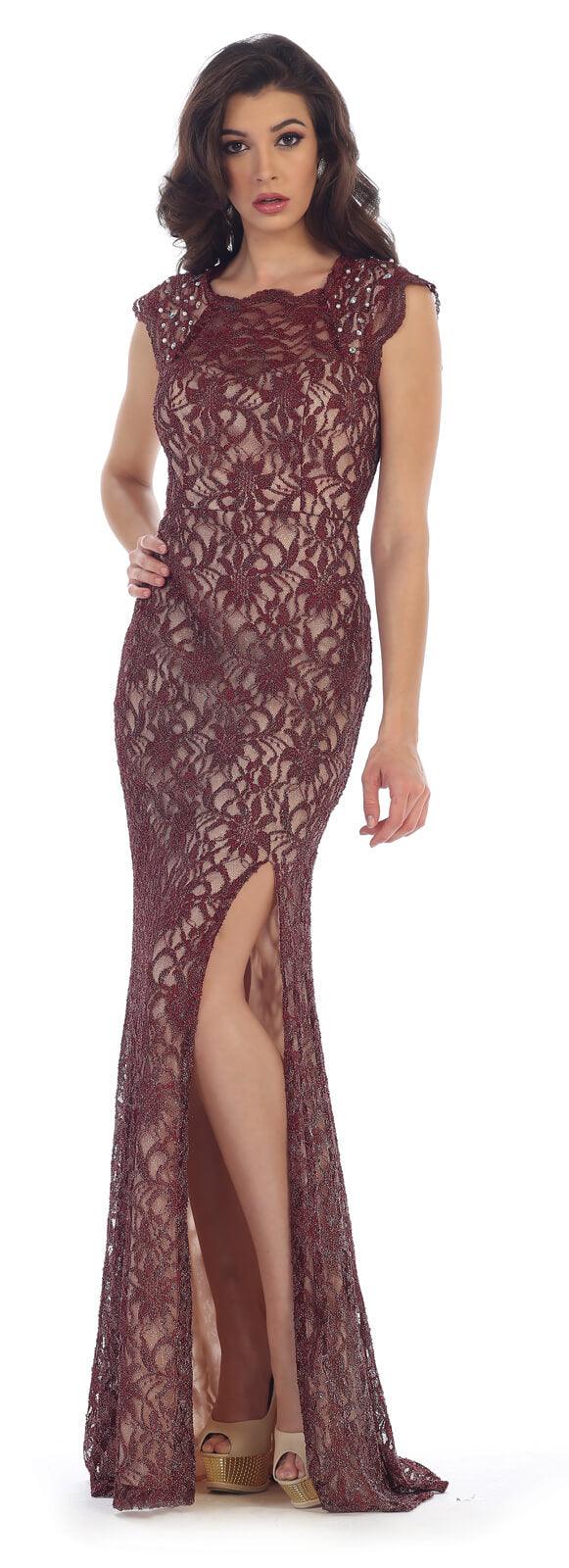 Long Formal Plus Size Cap Sleeve Lace Prom Dress - The Dress Outlet May Queen