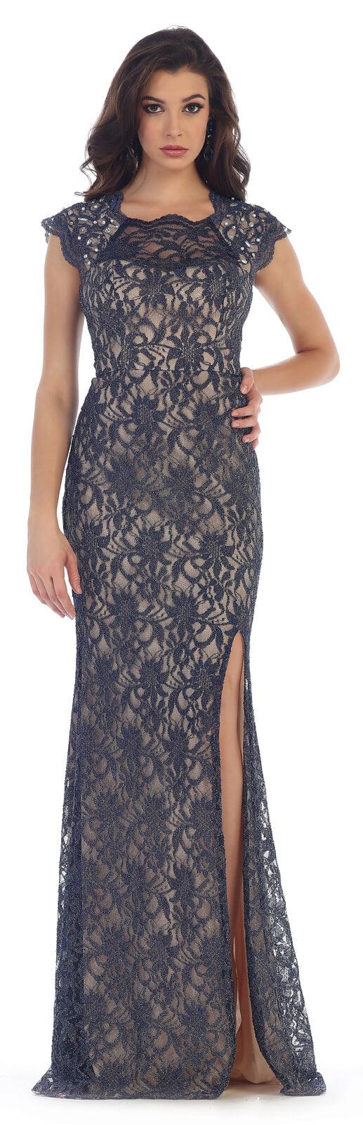 Long Formal Plus Size Cap Sleeve Lace Prom Dress - The Dress Outlet May Queen