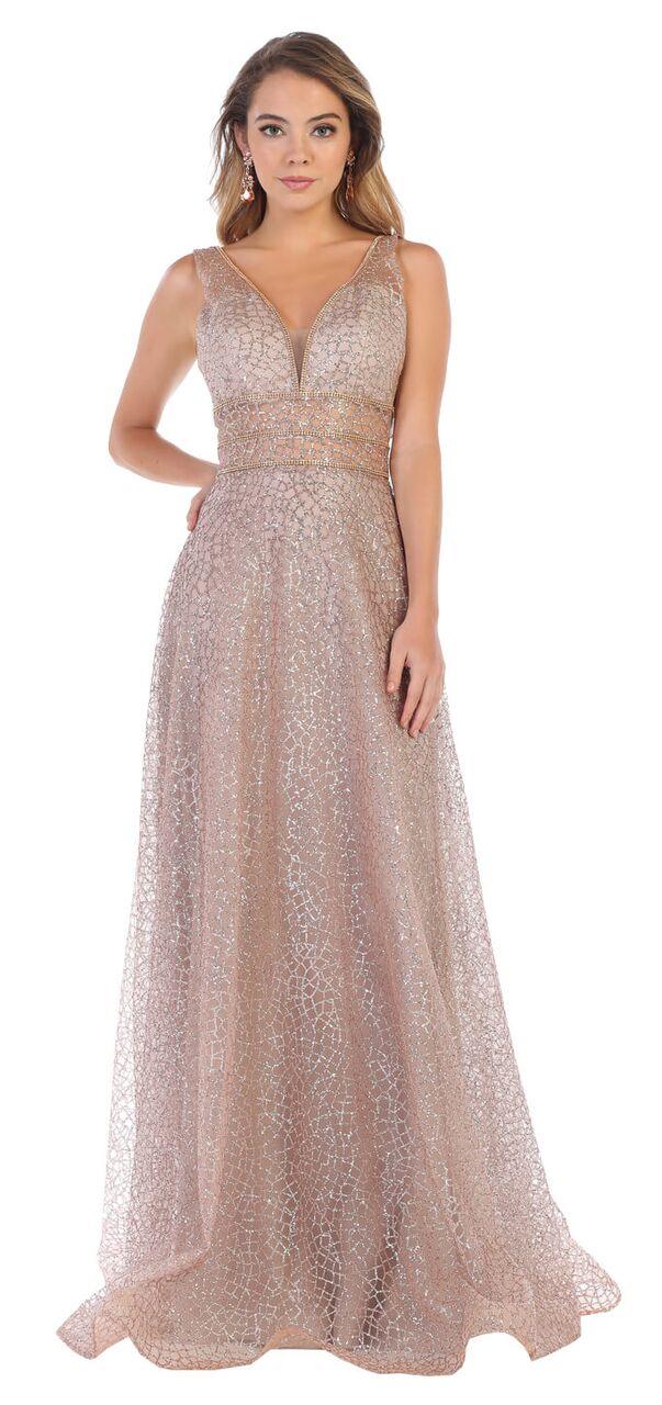 Long Formal Prom Dress with Illusion Waist - The Dress Outlet May Queen