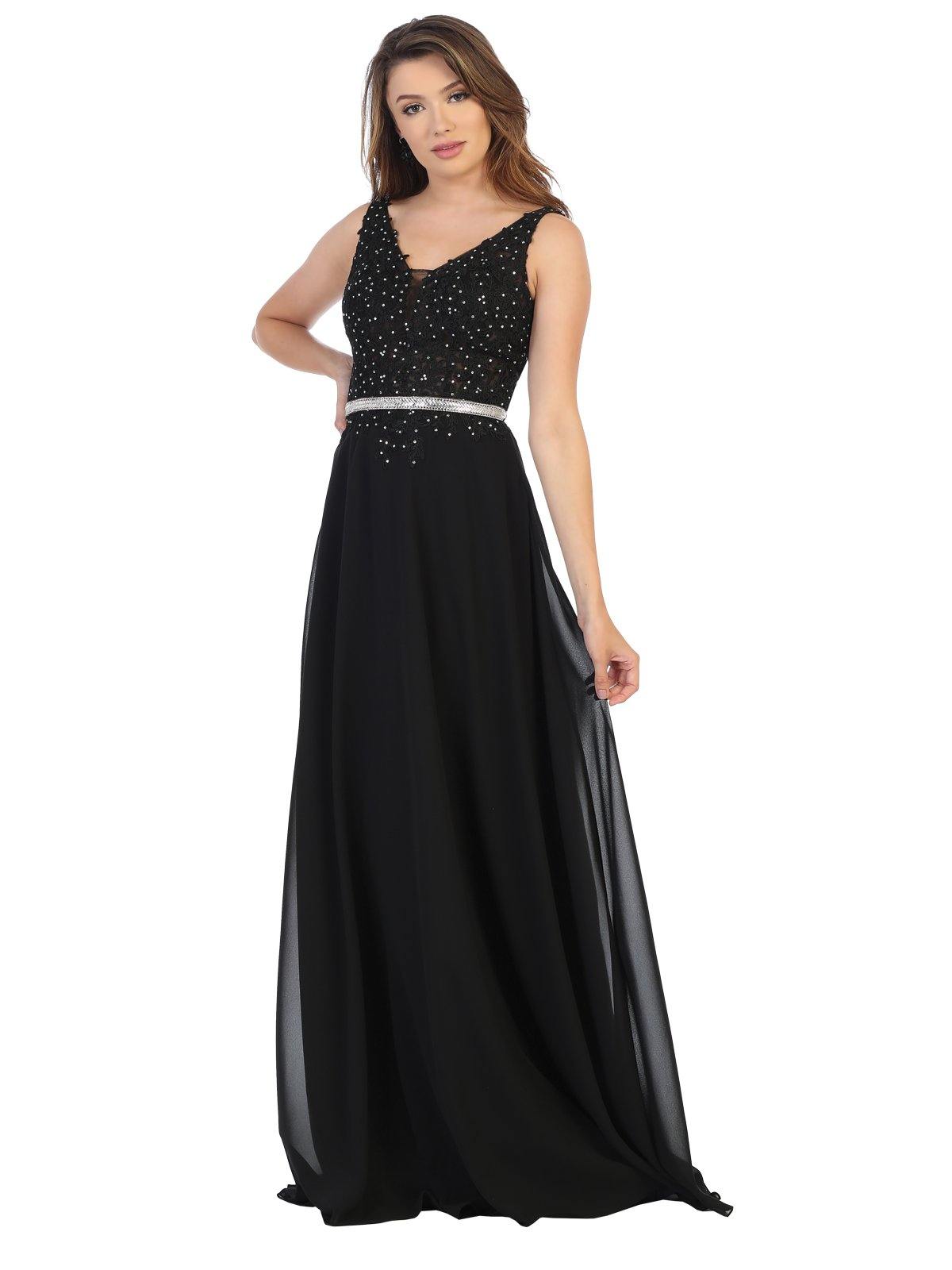 Long Formal Sleeveless Lace Applique Chiffon Dress - The Dress Outlet May Queen