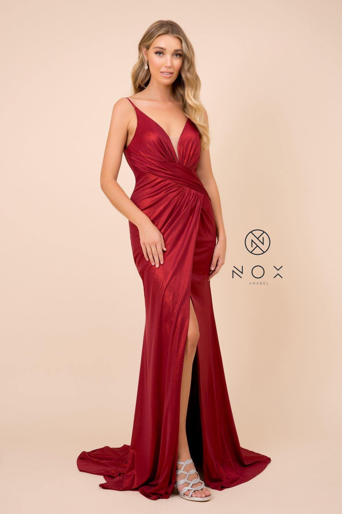 Long Formal Spaghetti Strap Fitted Metallic Dress