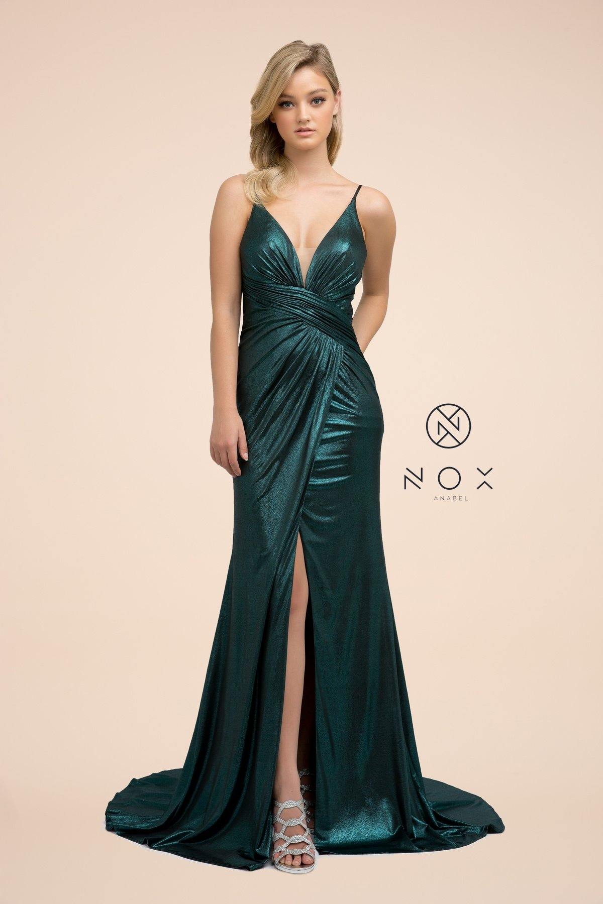 Long Formal Spaghetti Strap Fitted Metallic Dress
