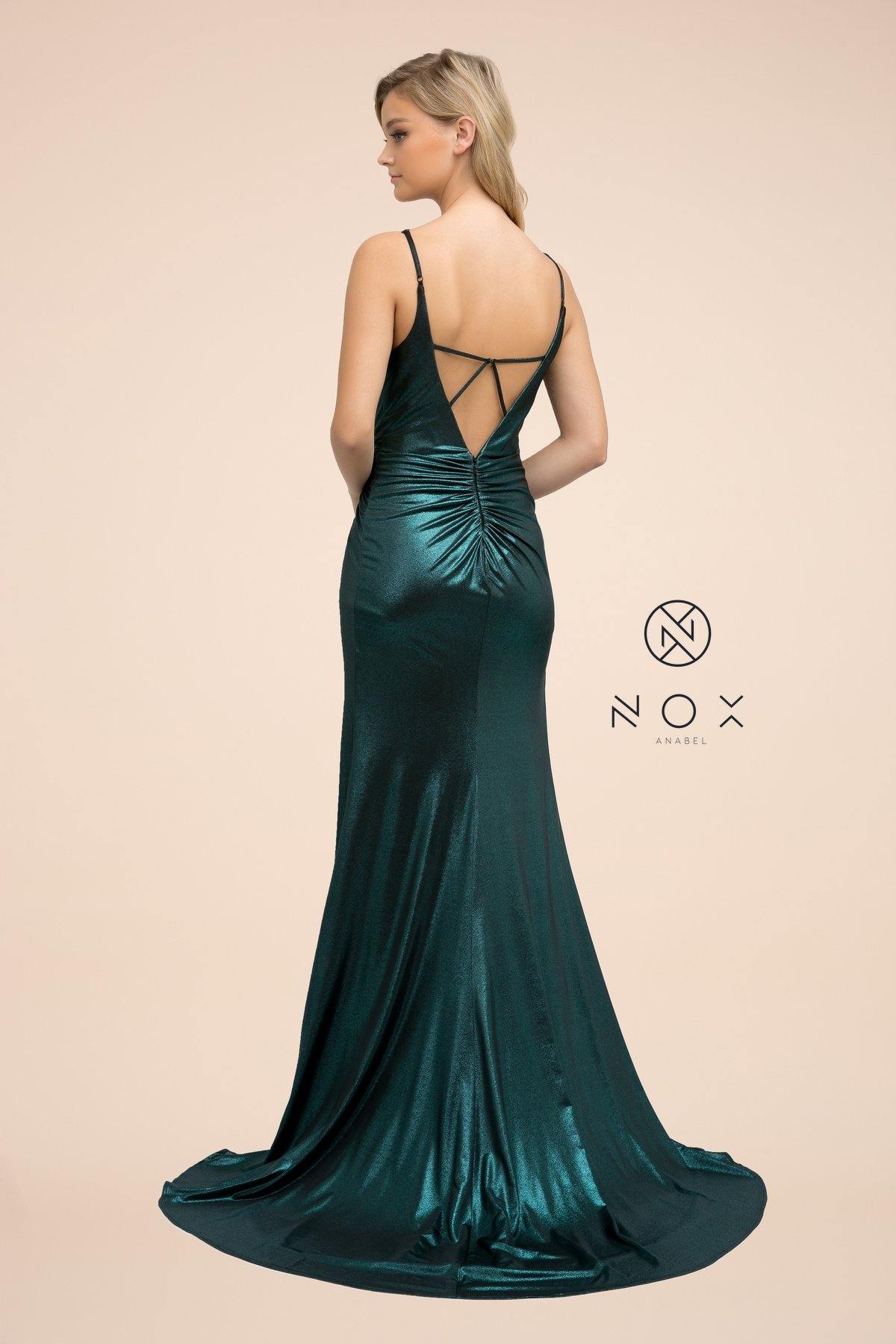 Long Formal Spaghetti Strap Fitted Metallic Dress