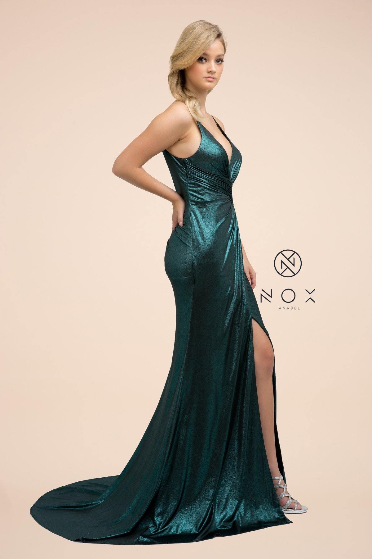 Long Formal Spaghetti Strap Fitted Metallic Dress