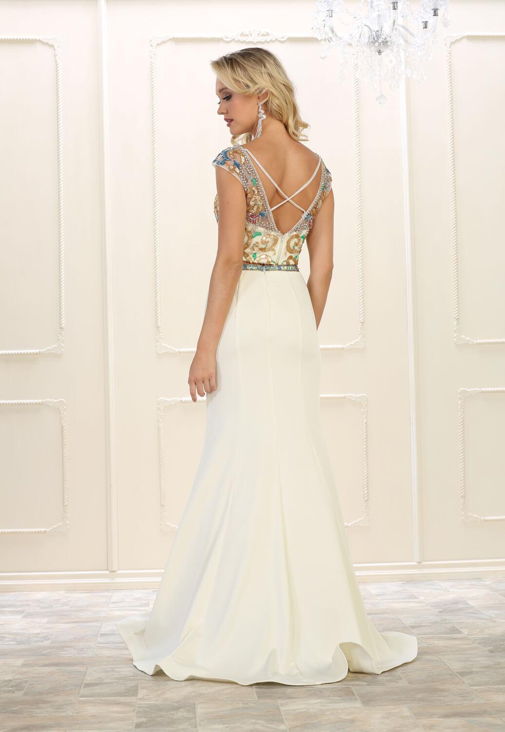 Long Formal Two Piece Cap Sleeve Prom Dress - The Dress Outlet May Queen