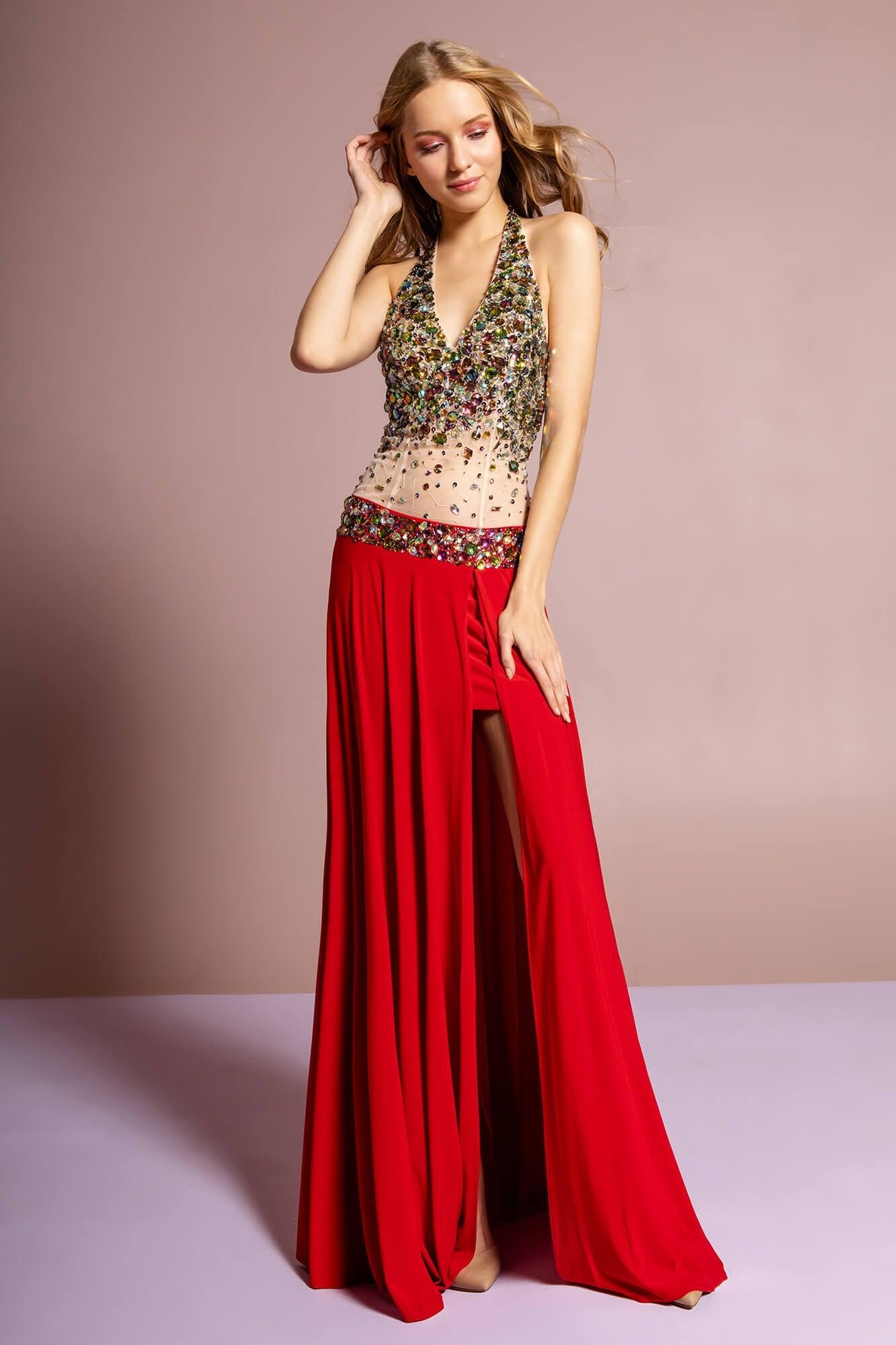 Long Halter Prom Formal Dress with Side Slit - The Dress Outlet Elizabeth K