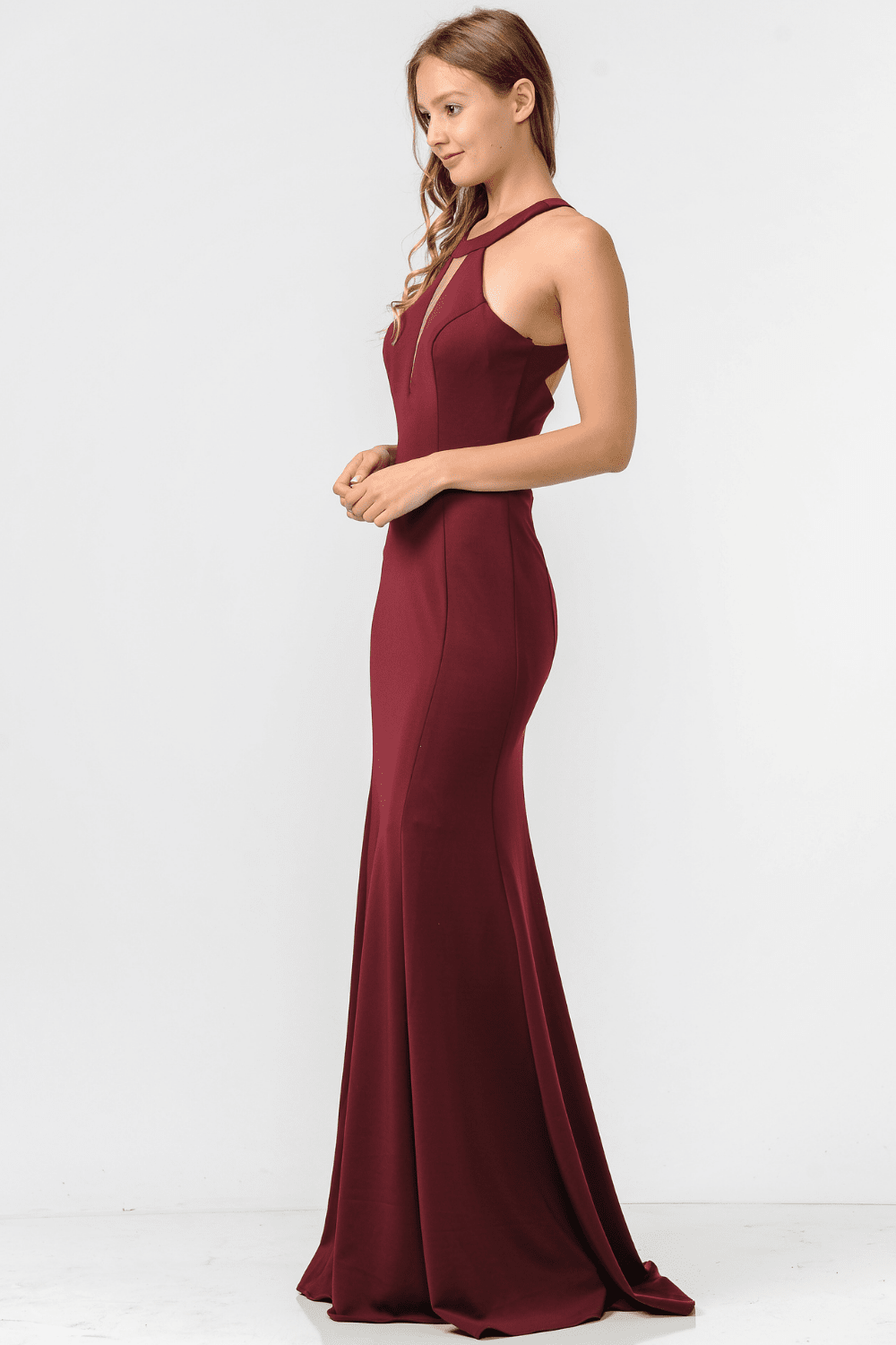 Burgundy Halter Floor-Length Scuba Prom Dress with Plunging Keyhole and Cut-Out Back Poly USA 8296