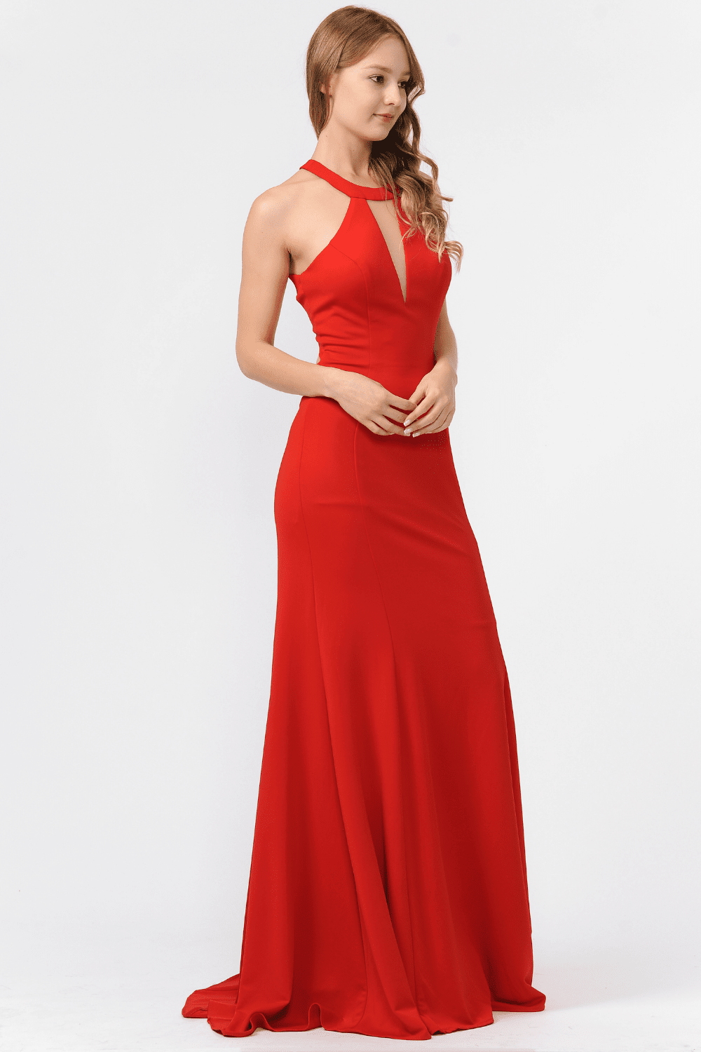 Red Halter Floor-Length Scuba Prom Dress with Plunging Keyhole and Cut-Out Back Poly USA 8296