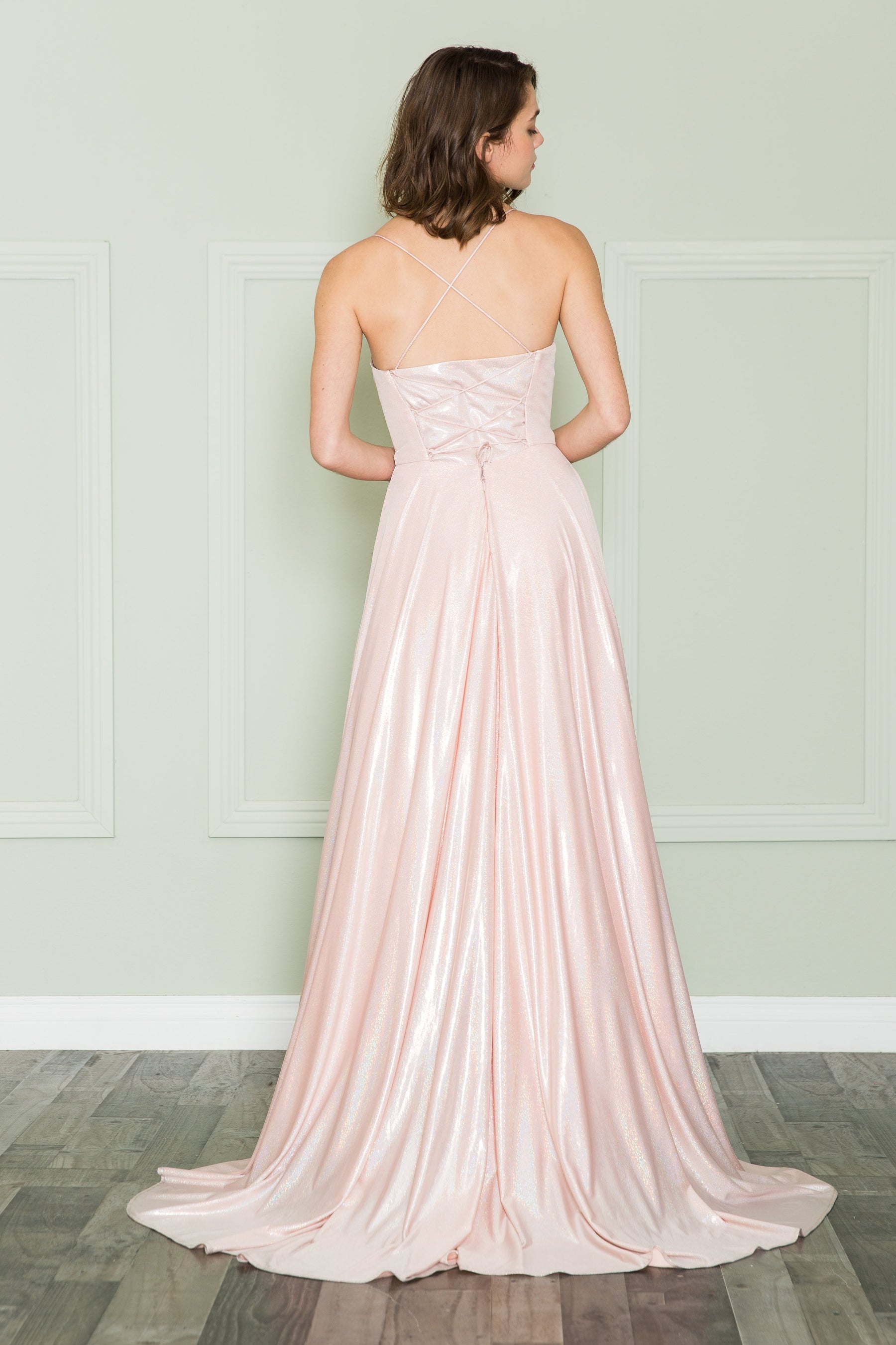Rose Gold Spaghetti Strap Floor-Length Jersey Evening Gown with Pockets Poly USA 8766