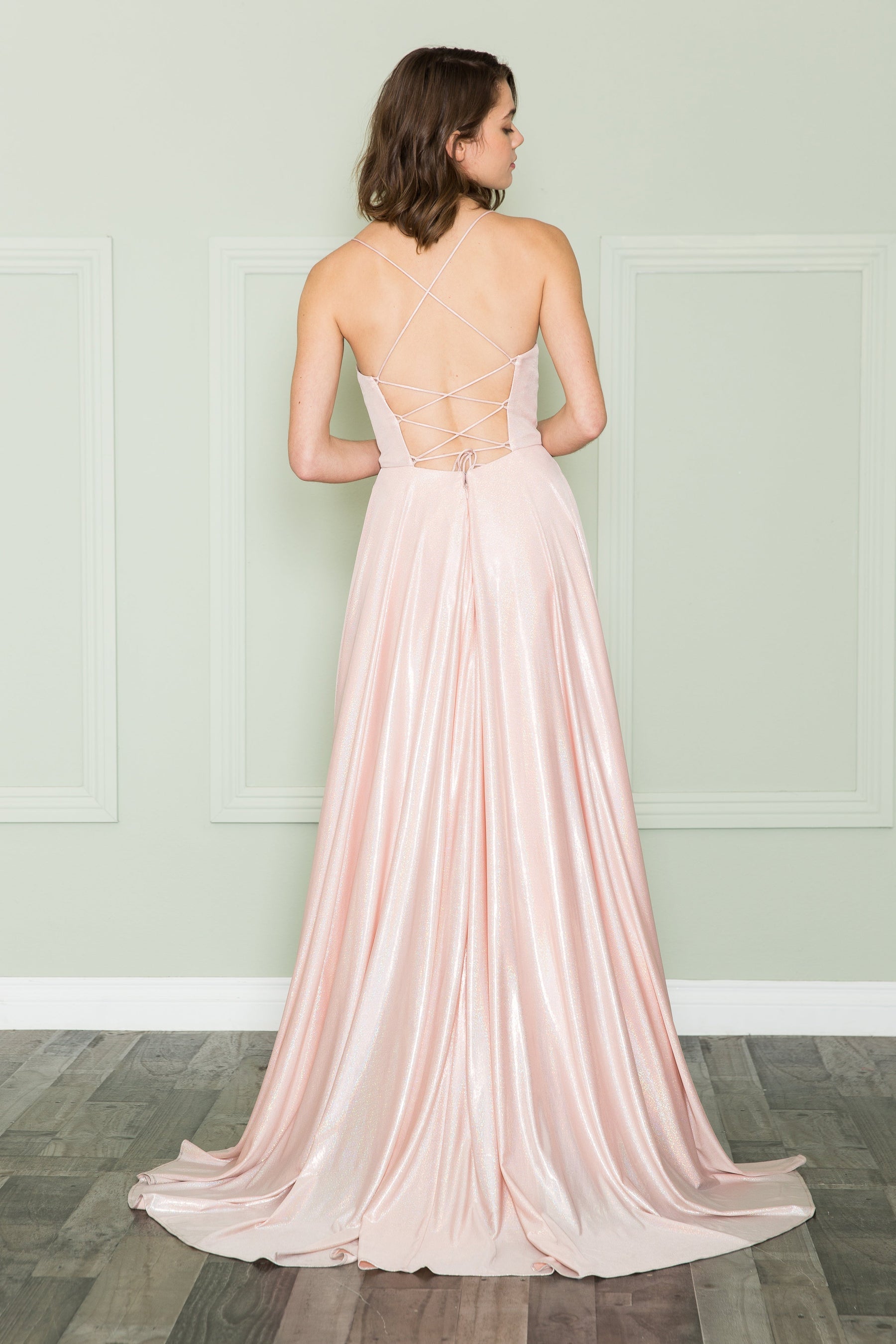 Rose Gold Spaghetti Strap Floor-Length Jersey Evening Gown with Pockets Poly USA 8766