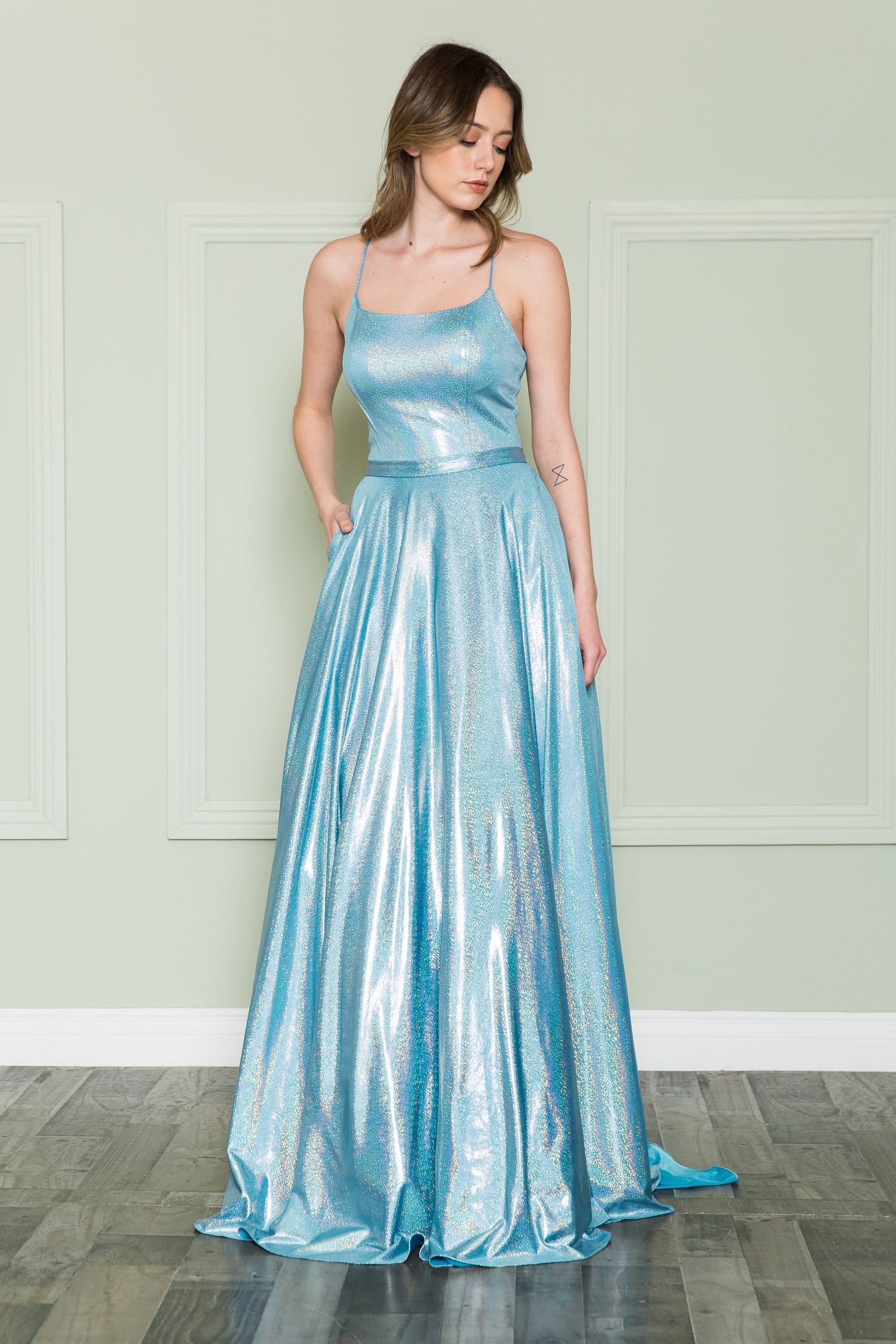 Blue Spaghetti Strap Floor-Length Jersey Evening Gown with Pockets Poly USA 8766