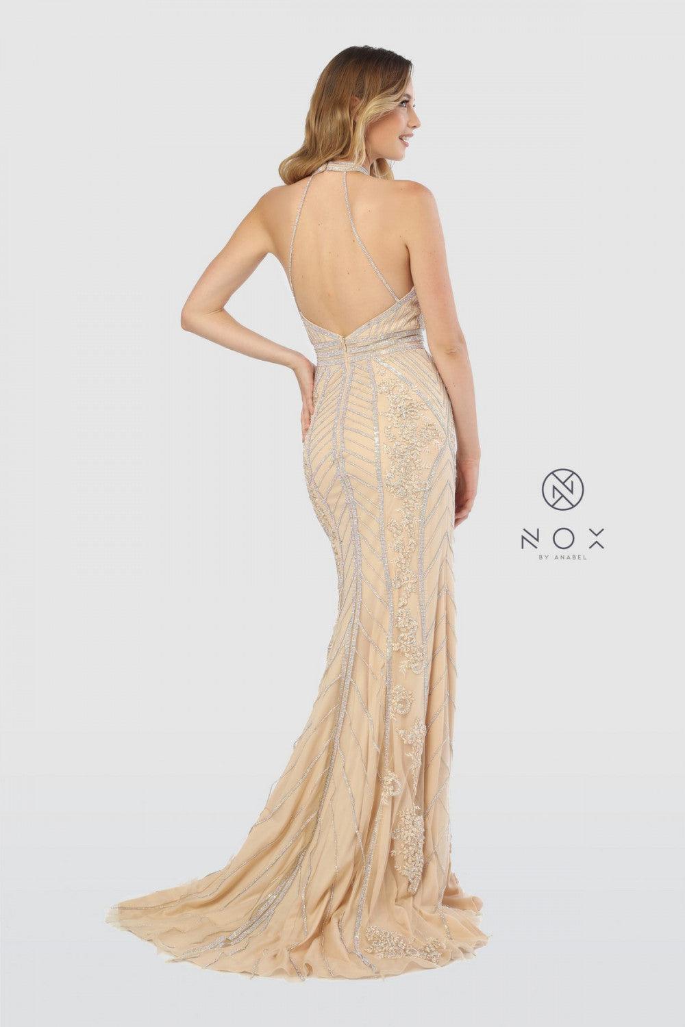Long Key Hole Halter Neck Prom Dress Evening Gown - The Dress Outlet Nox Anabel