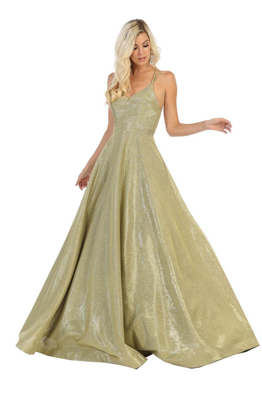 Long Metallic Prom Dress Formal Ball Gown - The Dress Outlet May Queen