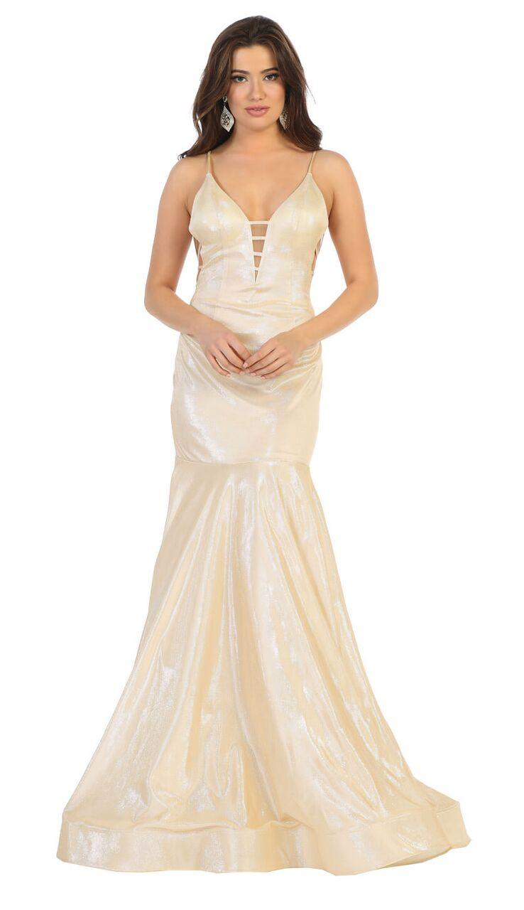 Long Metallic Strap Formal Homecoming Prom Dress - The Dress Outlet May Queen