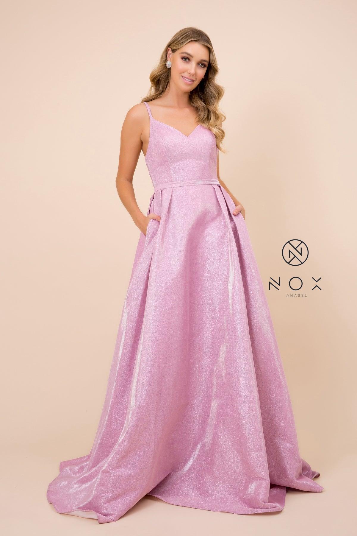 Long Metallic V Neck Formal Prom Dress Evening Gown - The Dress Outlet Nox Anabel