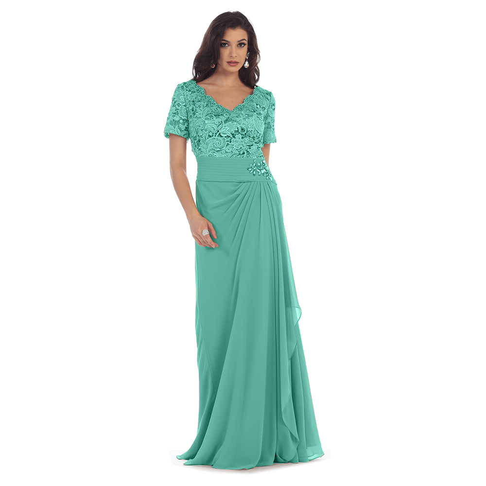 Long Mother of the Bride Short Sleeve Dress - The Dress Outlet May Queen