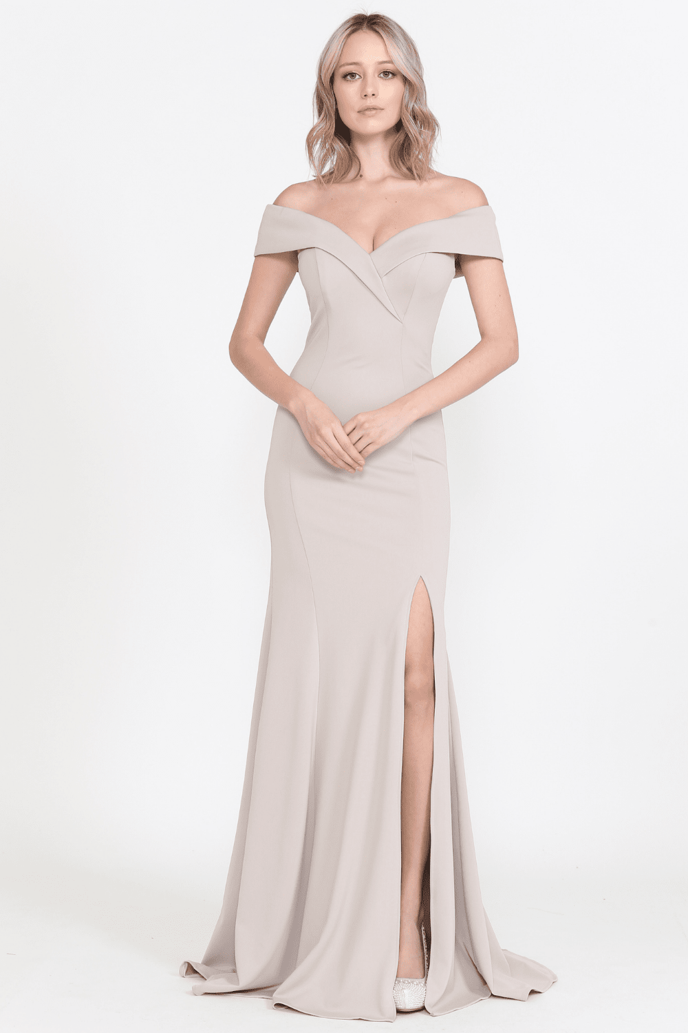 Mocha Off-the-Shoulder Floor-Length Scuba Formal Gown with Front Slit Poly USA 8258