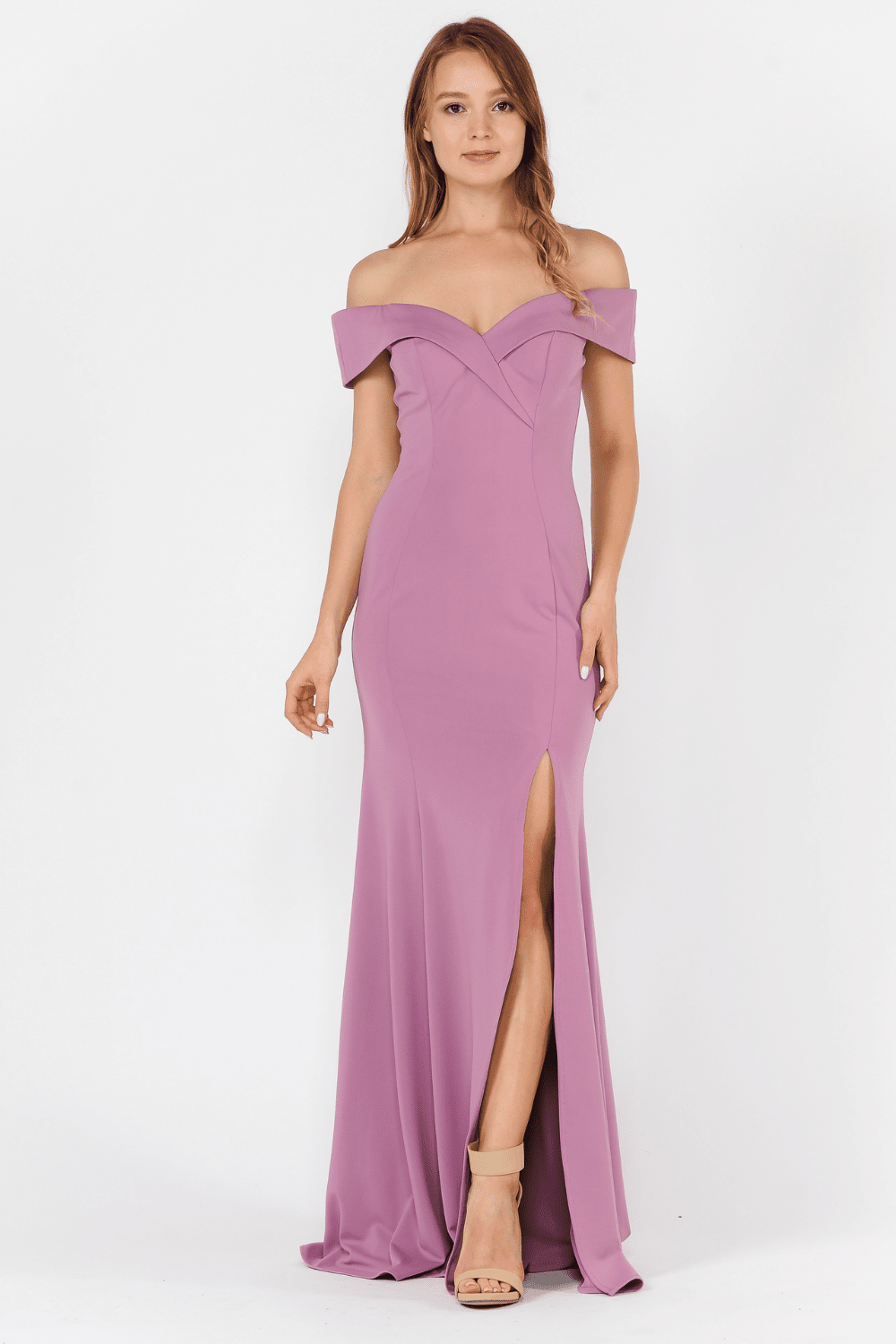 Violet Off-the-Shoulder Floor-Length Scuba Formal Gown with Front Slit Poly USA 8258