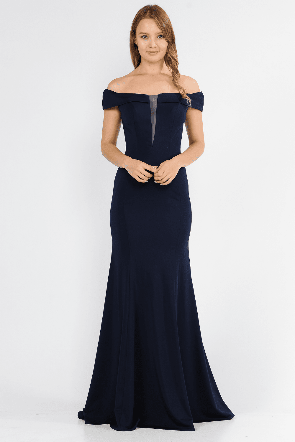 Black Off-the-Shoulder Floor-Length Scuba Prom Dress with Illusion V-Plunge and Mermaid Silhouette Poly USA 8462