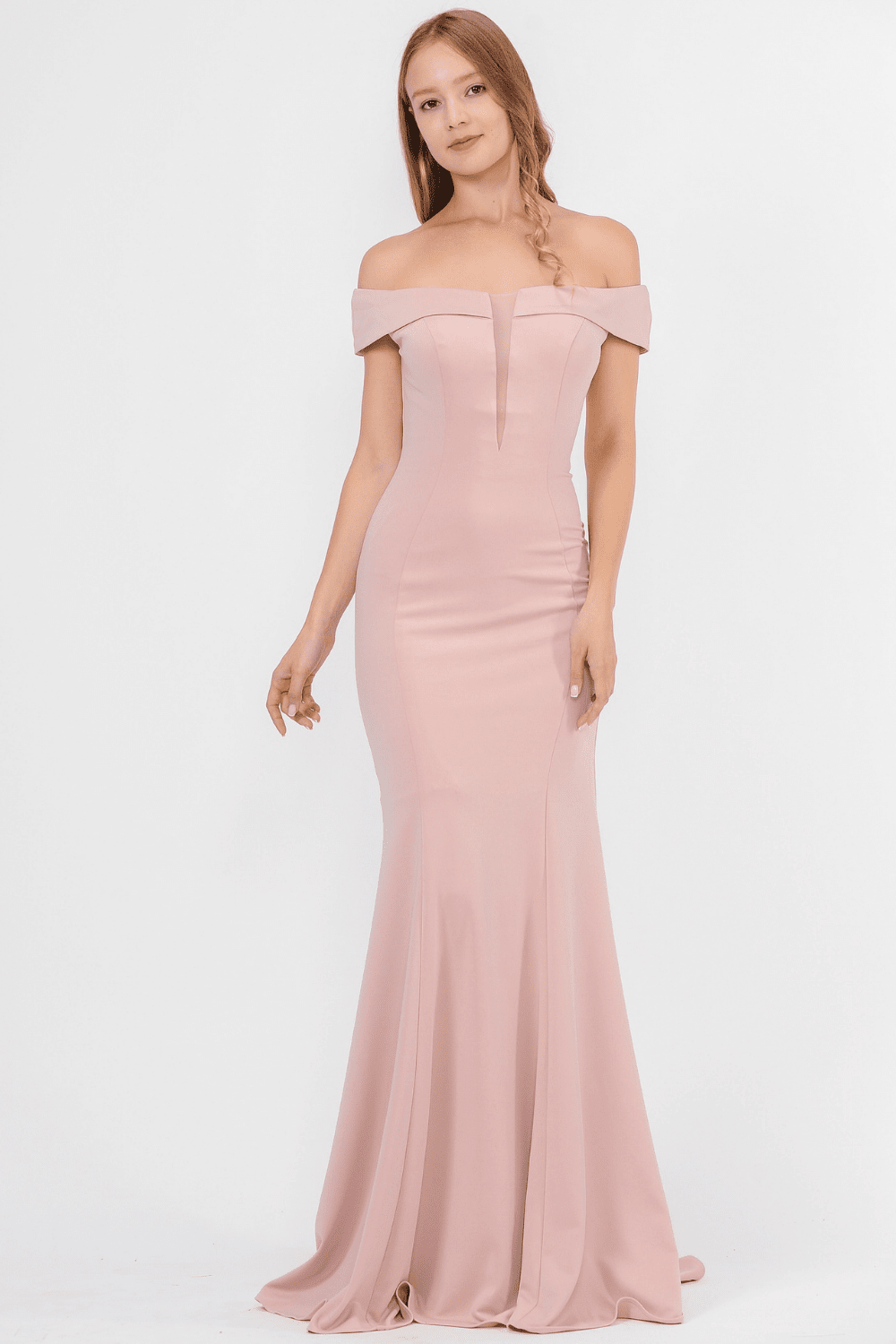 Mauve Off-the-Shoulder Floor-Length Scuba Prom Dress with Illusion V-Plunge and Mermaid Silhouette Poly USA 8462