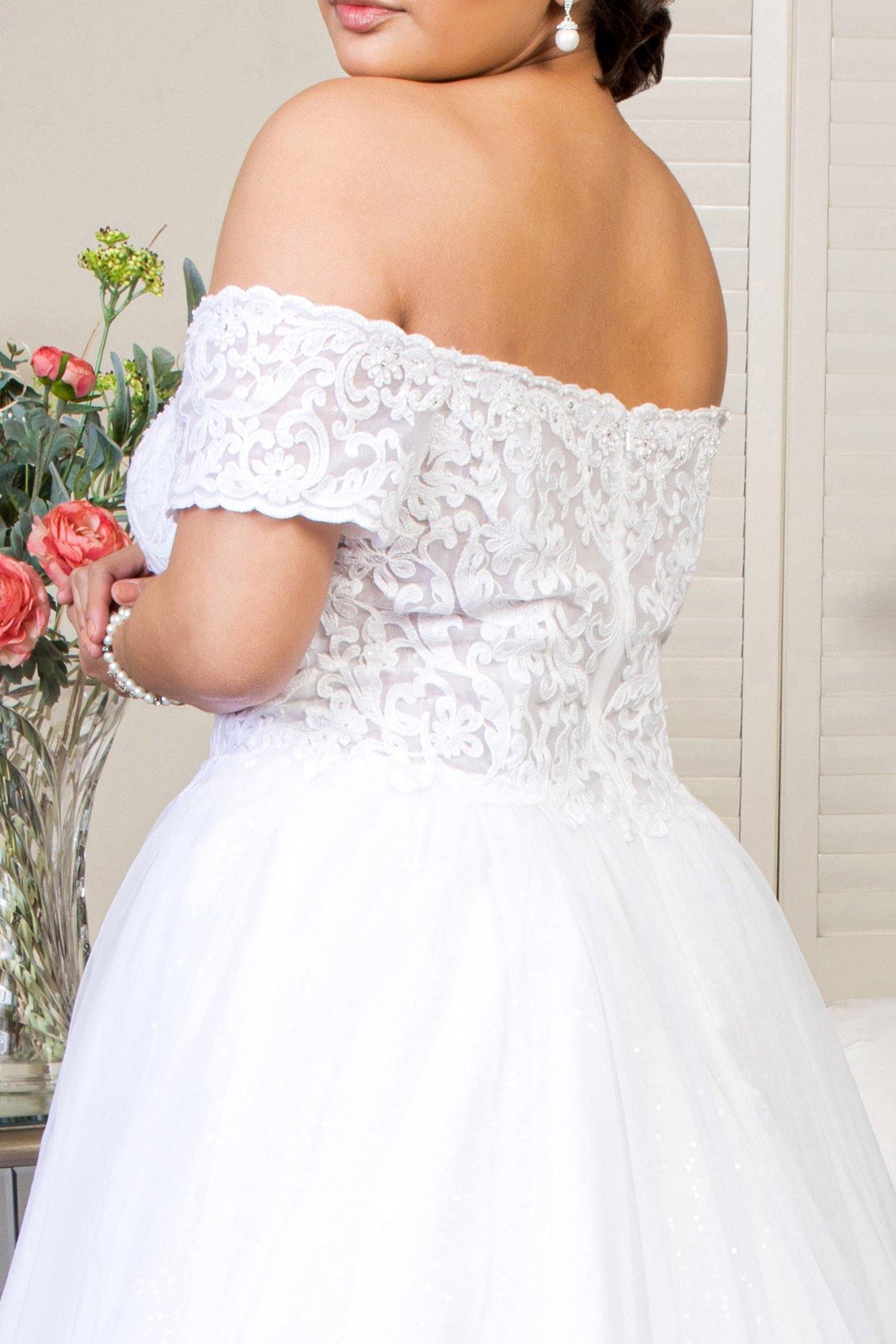 Long Off Shoulder Glitter Mesh Wedding Gown