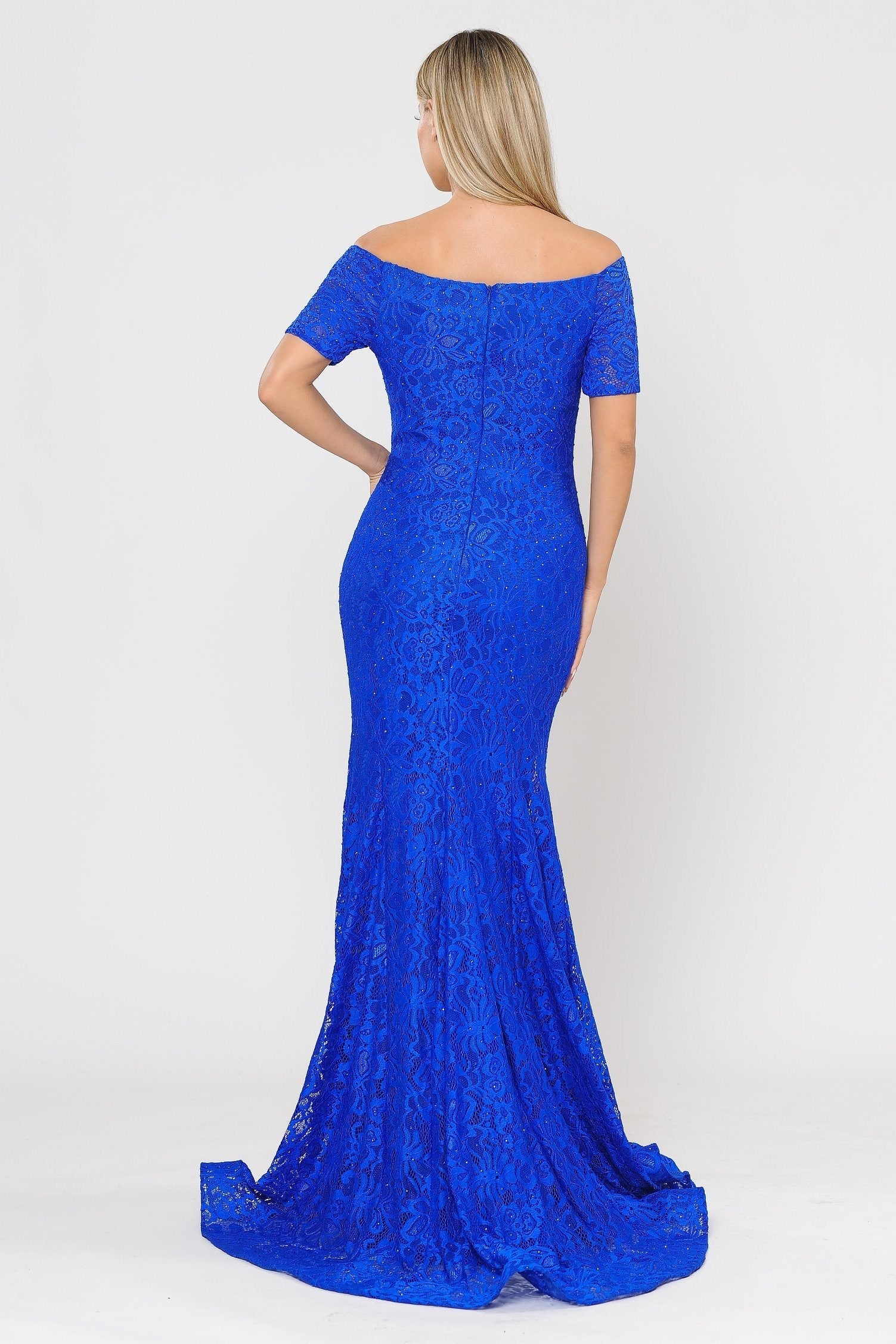 Royal Off-the-Shoulder Floor-Length Lace Prom Mermaid Gown with Beaded Accents Poly USA 8596