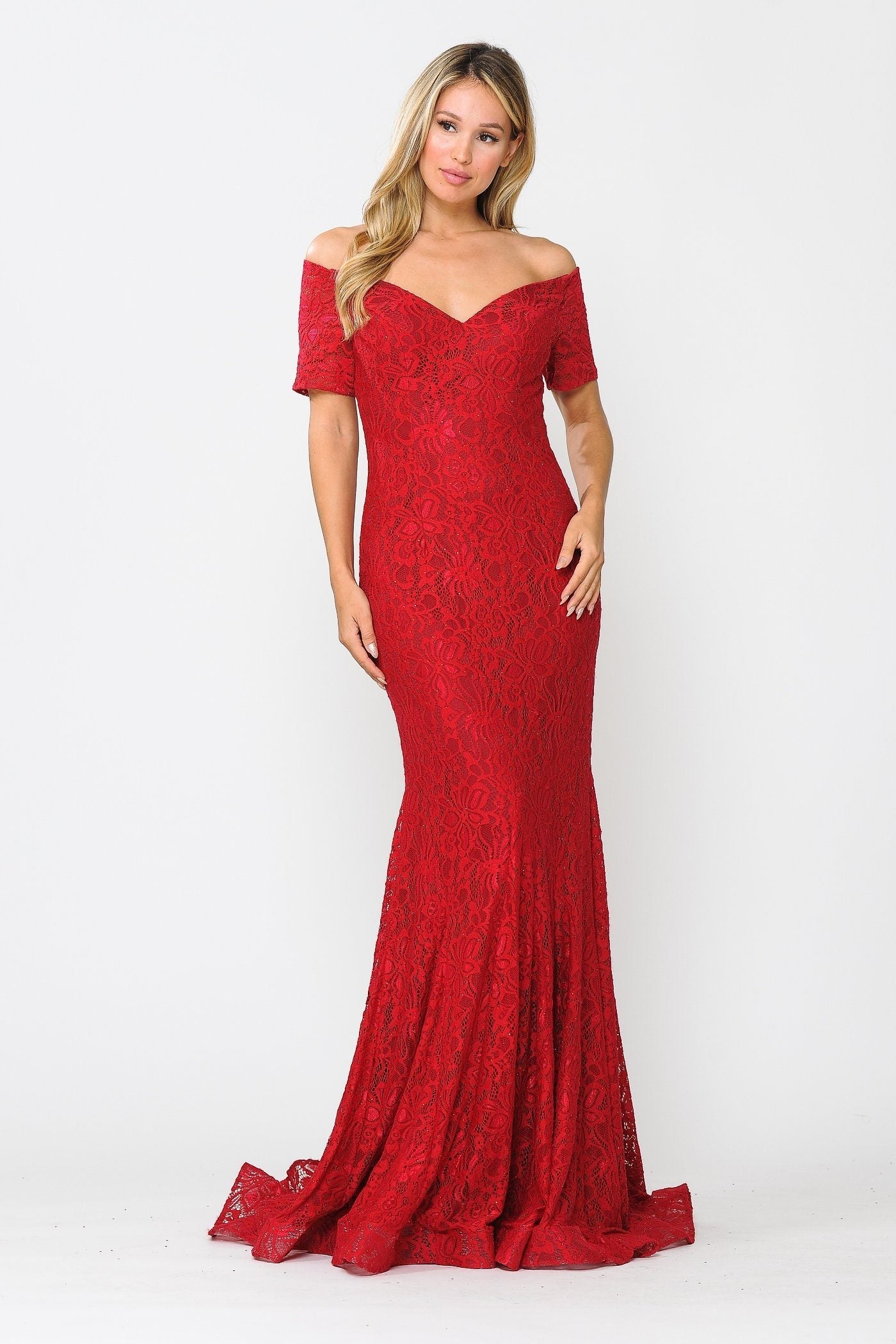 Red Off-the-Shoulder Floor-Length Lace Prom Mermaid Gown with Beaded Accents Poly USA 8596