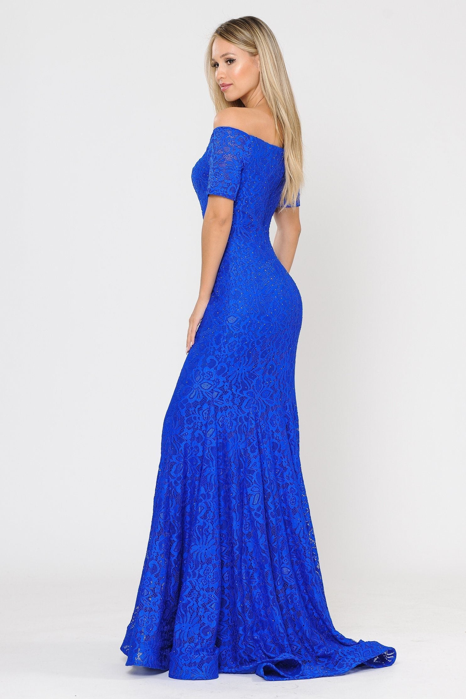 Royal Off-the-Shoulder Floor-Length Lace Prom Mermaid Gown with Beaded Accents Poly USA 8596